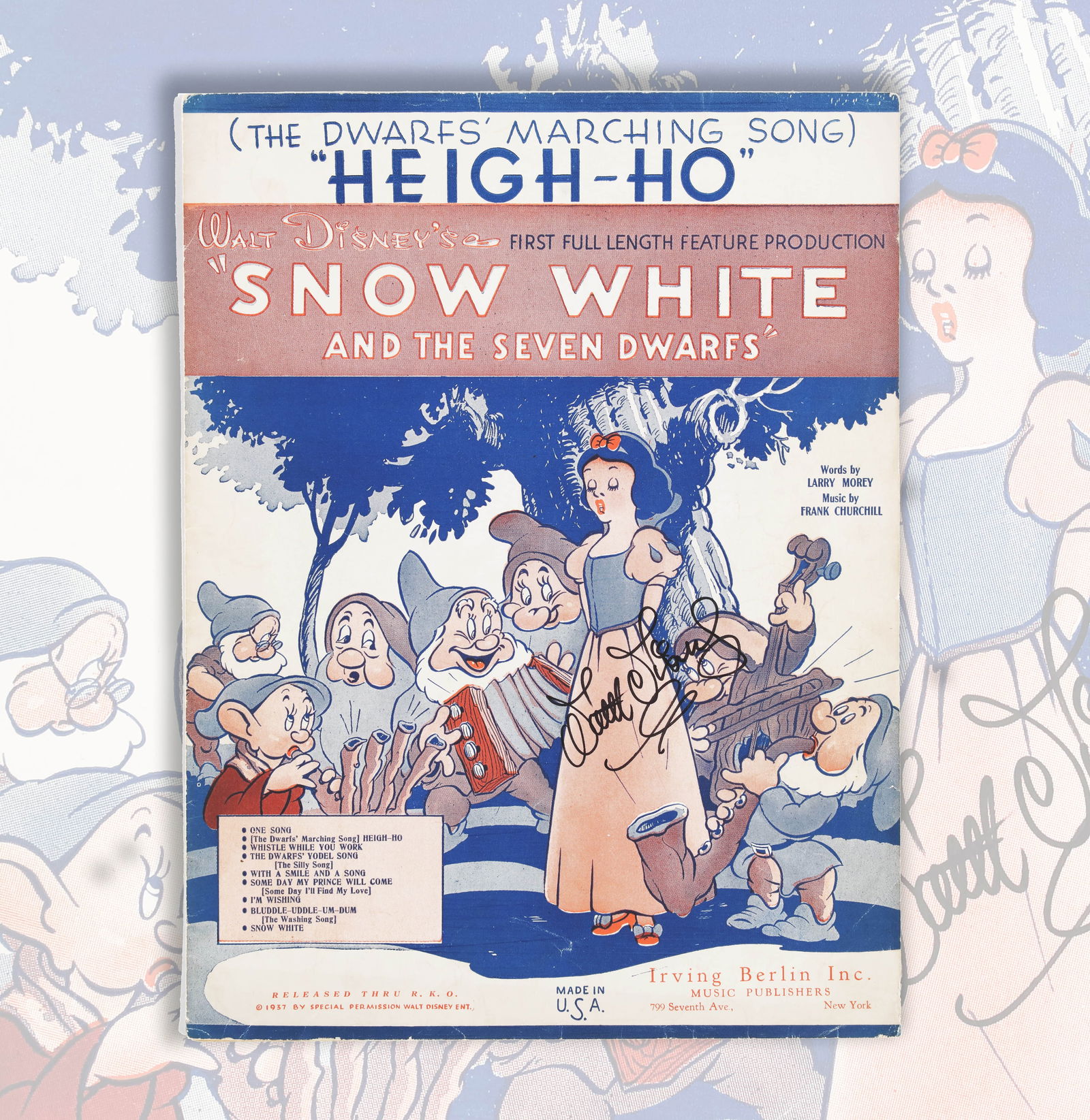 WALT DISNEY SIGNED SHEET MUSIC FOR "SNOW WHITE AND THE SEVEN DWARFS" (1 of 3)