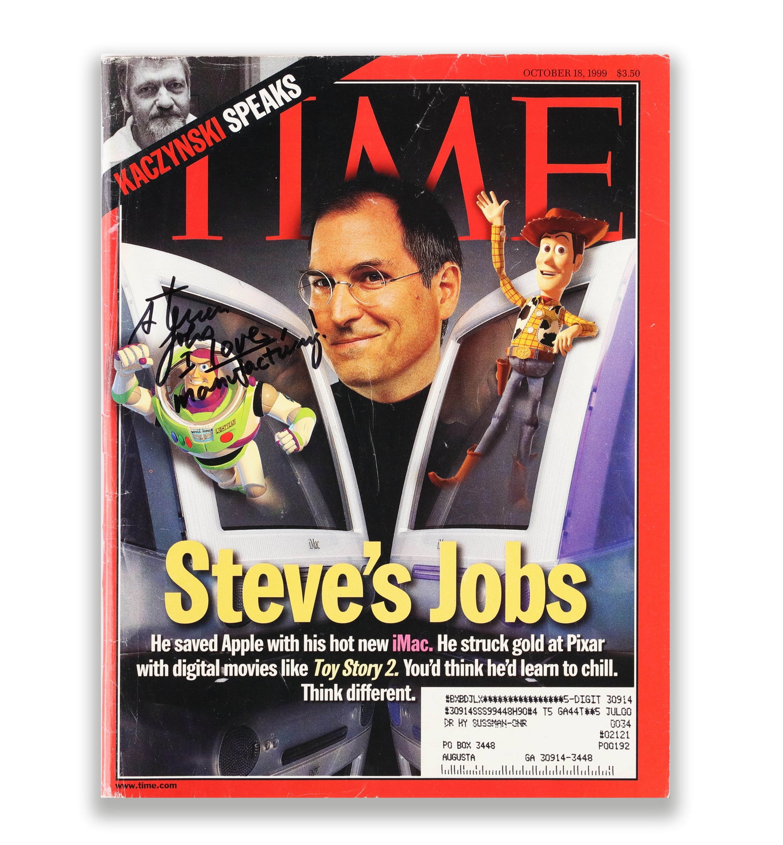 STEVE JOBS SIGNED AND INSCRIBED "I LOVE MANUFACTURING" IN THE OCTOBER 18, 1999 ISSUE OF TIME: STEVE JOBS SIGNED AND INSCRIBED "I LOVE MANUFACTURING" IN THE OCTOBER 18, 1999 ISSUE OF TIME MAGAZINE. Provenance and Authenticity: This item includes a certificate of authenticity. The signature exhi