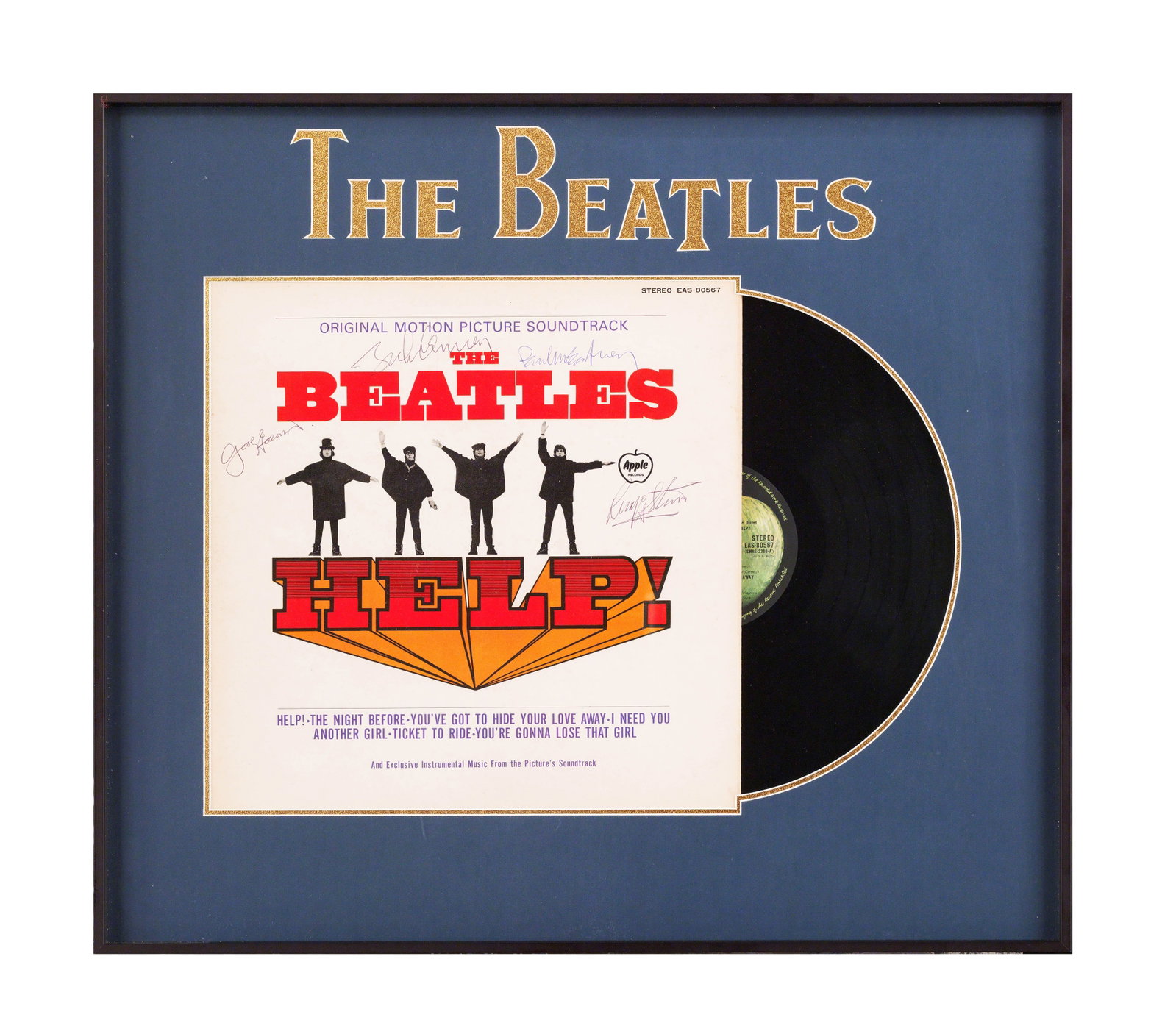 THE BEATLES SIGNED VINYL RECORD OF "HELP!": THE BEATLES SIGNED VINYL RECORD OF "HELP!" Dimensions: Vinyl records Size 12 1/4 x 12 1/4 in Provenance and Authenticity: This item includes a certificate of authenticity. Original Capitol Records Iss