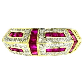 FINE DIAMOND AND RUBY 18K UNUSUAL GEOMETRIC MODERN DESIGNED RING