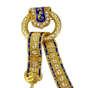 ANTIQUE VACHERON CONSTANTIN 18K GOLD AND BLUE ENAMEL POCKET WATCH, WITH BROOCH CHAIN AND BRACELET