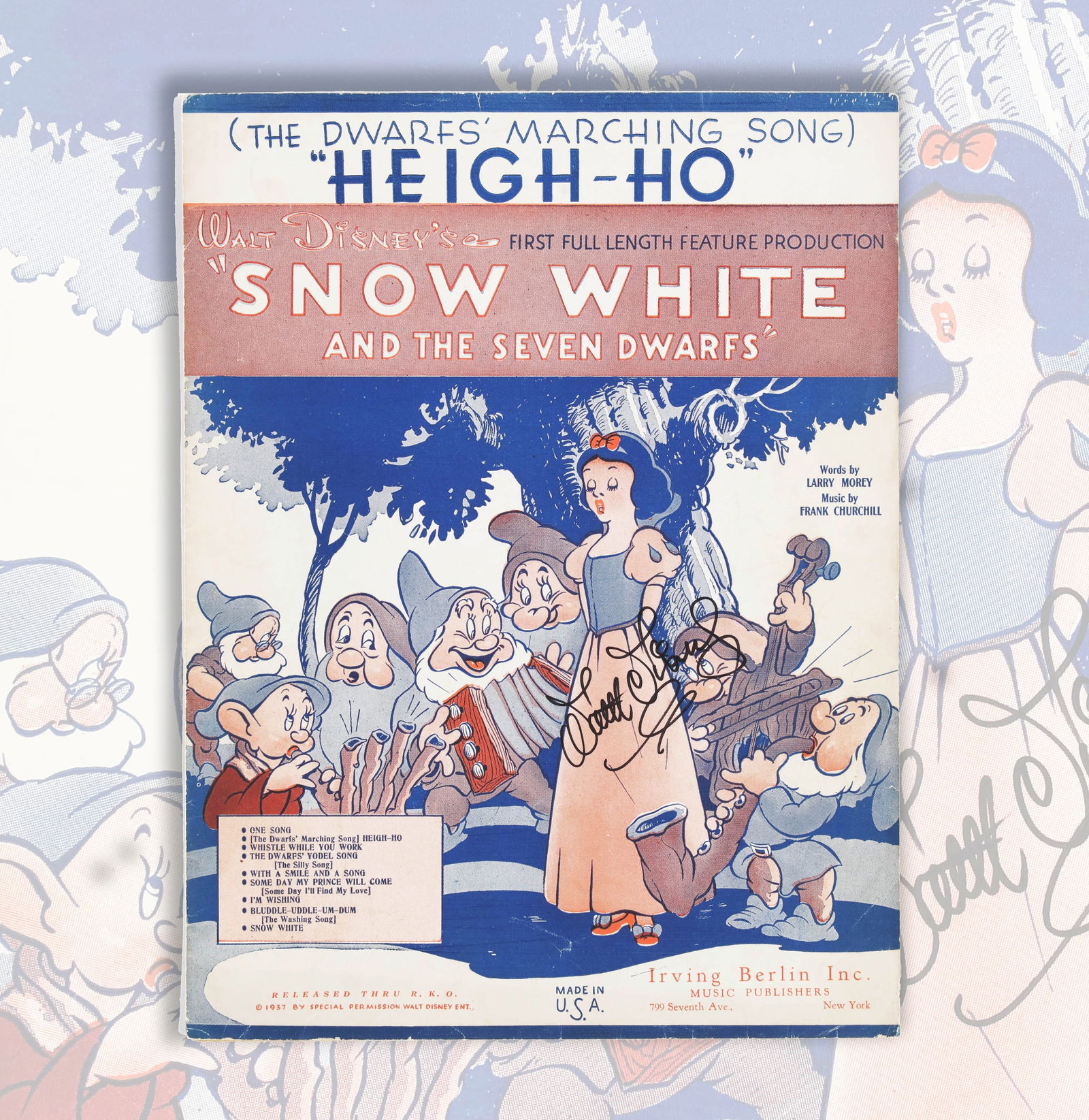 WALT DISNEY SIGNED SHEET MUSIC FOR "SNOW WHITE AND THE SEVEN DWARFS" (1 of 3)