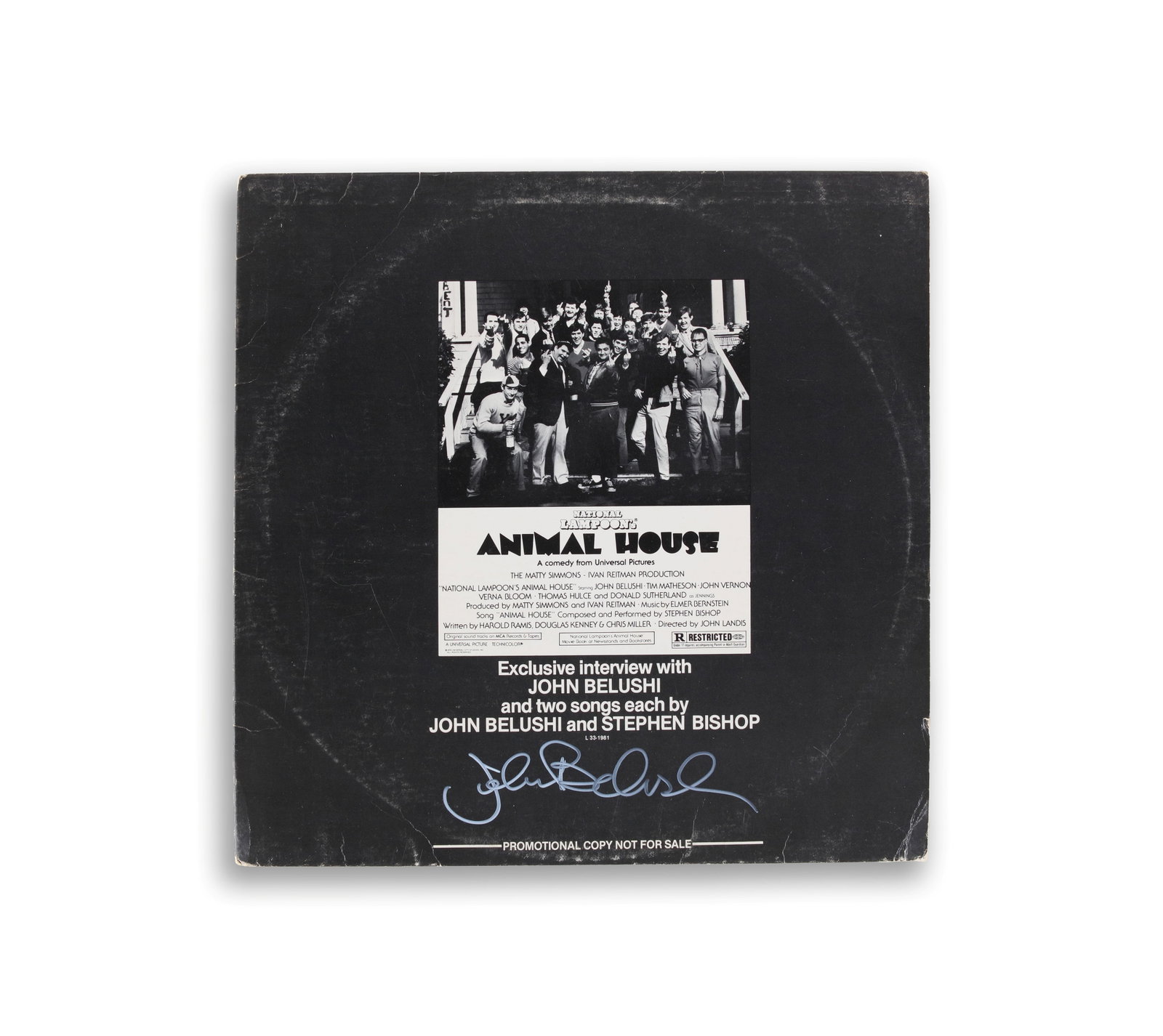 JOHN BELUSHI (1949-1982) - SIGNED "ANIMAL HOUSE" PROMOTIONAL INTERVIEW RECORD: JOHN BELUSHI (1949-1982) - SIGNED "ANIMAL HOUSE" PROMOTIONAL INTERVIEW RECORD Dimensions: Vinyl records Size 12 1/4 x 12 1/6 in Provenance and Authenticity: This item includes a certificate of authent