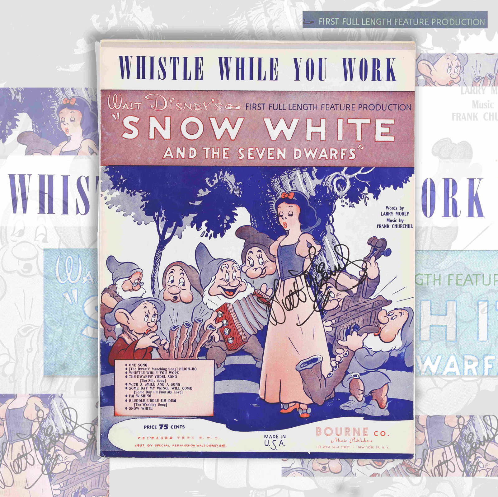 WALT DISNEY (1901-1966) - SIGNED "SNOW WHITE" SHEET MUSIC (1 of 3)
