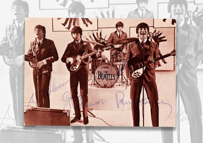 THE BEATLES - FULLY SIGNED VINTAGE SEPIA PERFORMANCE CARD (C. 1963
