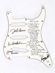 THE BEATLES - FULLY SIGNED GUITAR PICKGUARD WITH HANDWRITTEN "AND I LOVE HER" LYRICS