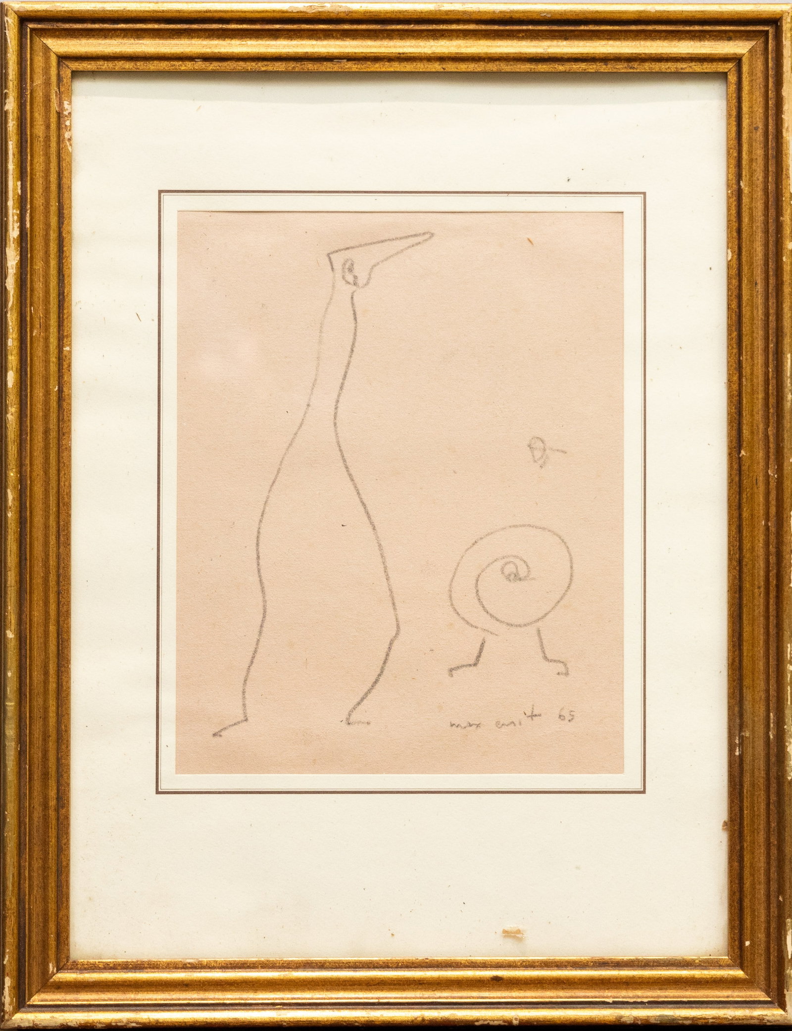 MAX ERNST(GERMAN,1891 —1976): MAX ERNST(GERMAN,1891 —1976) Dimensions: Frame:45.5x35.5cm Sheet:25x20cm Provenance and Authenticity: Original gallery frame.Drawing on his love of birds, Max Ernst invented an alter ego called Lopl