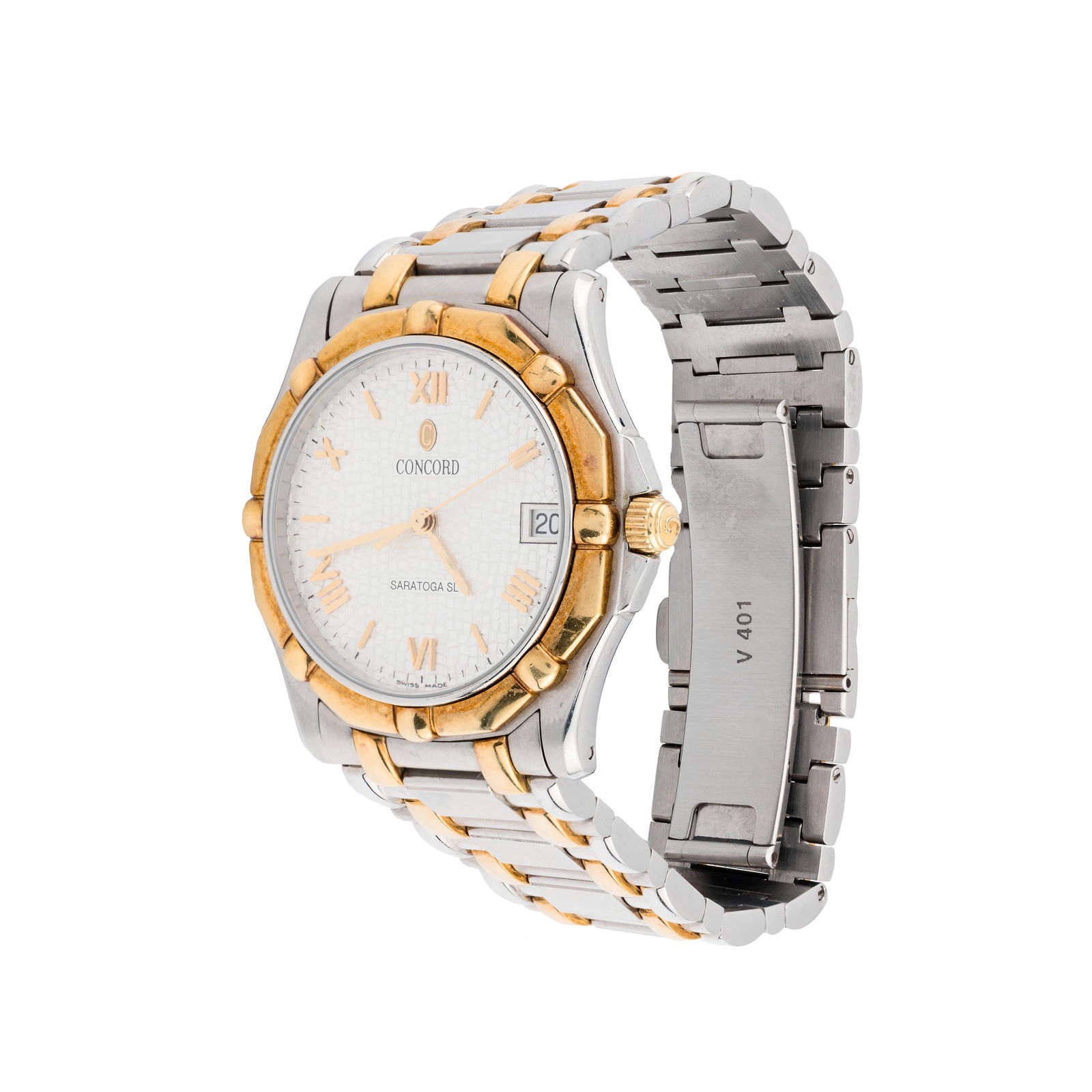 CONCORD SARATOGA SL 18K GOLD AND STAINLESS STEEL MEN'S WRISTWATCH: CONCORD SARATOGA SL 18K GOLD AND STAINLESS STEEL MEN'S WRISTWATCHDescription:This Concord watch is crafted from 18K gold and stainless steel, exuding an air of noble elegance. The circular dial is
