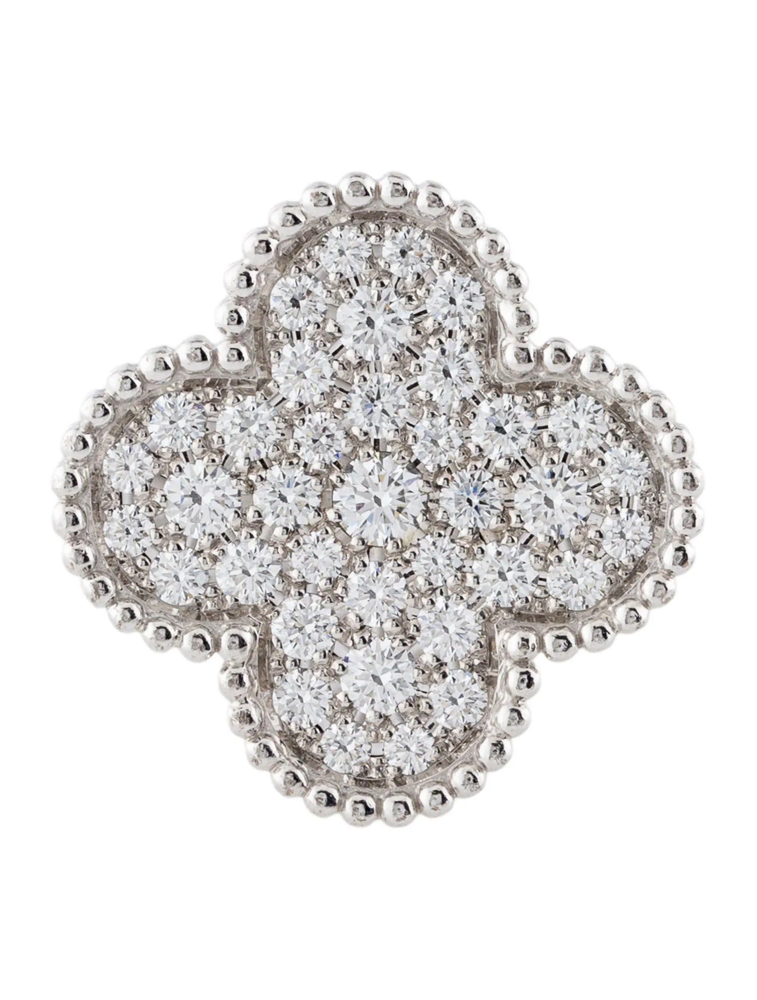 VAN CLEEF & ARPELS MAGIC ALHAMBRA RING: VAN CLEEF & ARPELSMAGIC ALHAMBRA RING Description: Band width: 3.3 millimetersEarring length: 20.4 millimetersEarring width: 20.4 millimetersMarkings: Designer signature, French eagle head pattern, ma