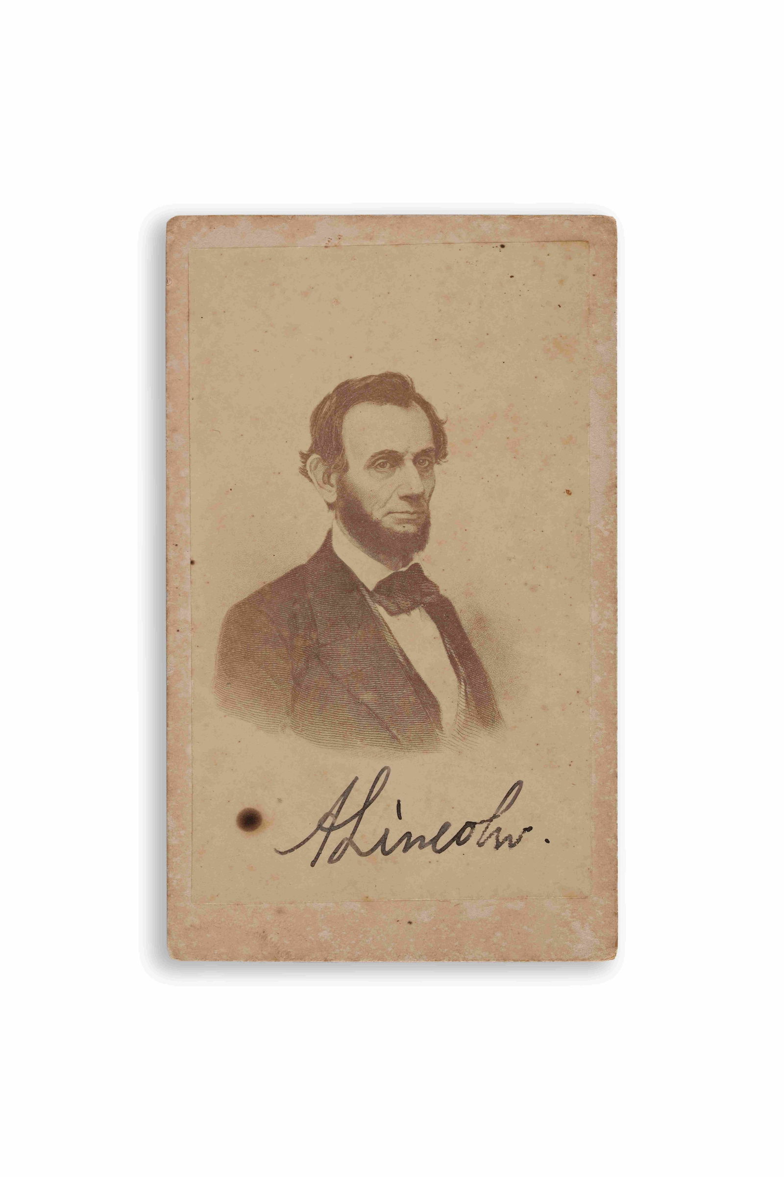ABRAHAM LINCOLN SIGNED CDV CARD: ABRAHAM LINCOLN SIGNED CDV CARD Provenance and Authenticity: This item includes a certificate of authenticity. A sound authentication approach begins by establishing whether the signature is a printed