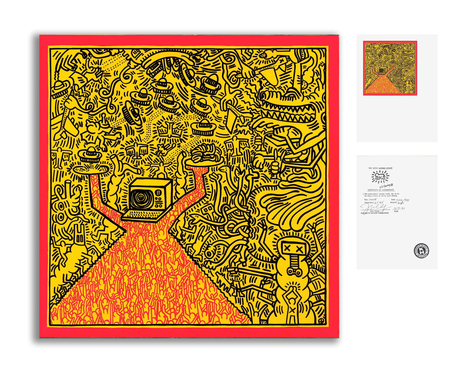 KEITH HARING (1958-1990), ATTRIBUTED TO, ACRYLIC ON CANVAS: KEITH HARING (1958-1990), ATTRIBUTED TO, ACRYLIC ON CANVAS Dimensions: Image size109.5 x 109.5 cm.All measured values are approximate. Provenance and Authenticity: This item includes a certificate of