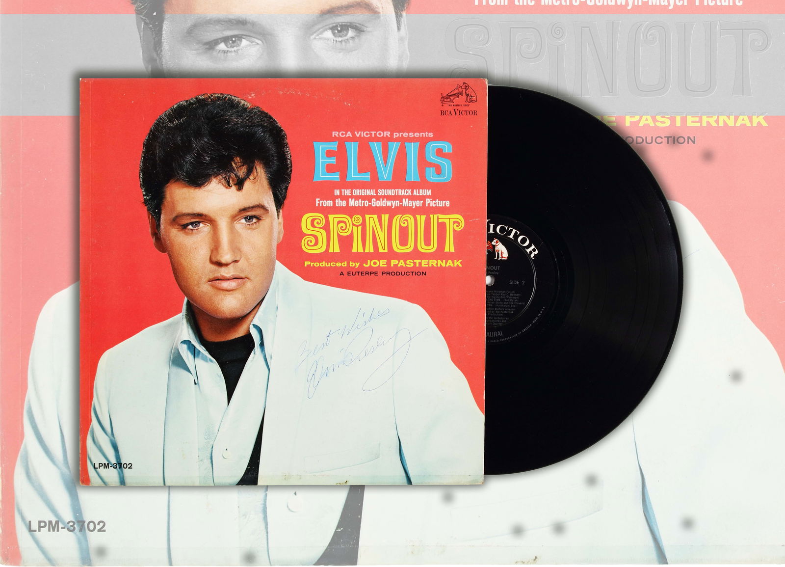 ELVIS PRESLEY - HAND-SIGNED "SPINOUT" ORIGINAL SOUNDTRACK ALBUM: ELVIS PRESLEY - HAND-SIGNED "SPINOUT" ORIGINAL SOUNDTRACK ALBUM Dimensions: Vinyl records Size 12 1/4 x 12 1/4 in Provenance and Authenticity: This item includes a certificate of authenticity. This lo
