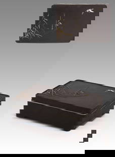 Hidetugu: Iron Tobacco Box: A square iron tobacco box featuring a refined gold and silver inlay composition: one crane stands calmly atop a boat, while another glides gracefully through the sky above. The interplay of stillness