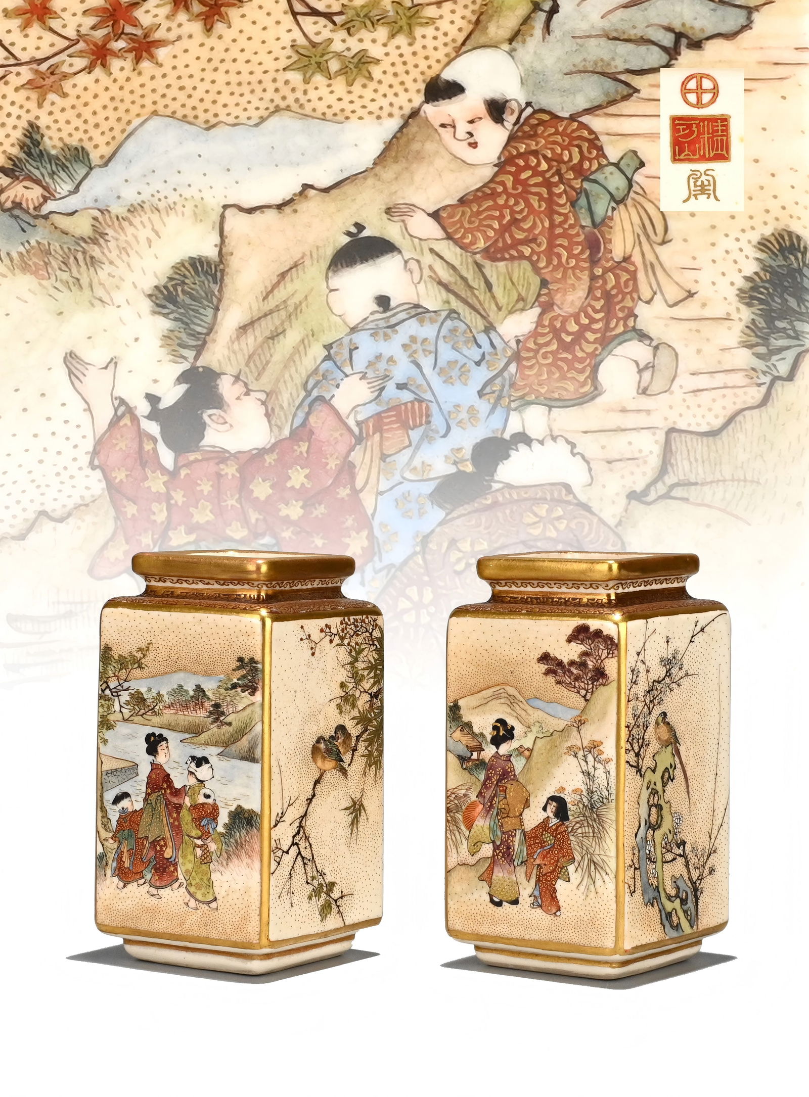 Pair of Satsuma Vases by Seikozan: This pair of Satsuma vases by Seikozan is decorated with exceptionally fine overglaze enamels and gold, set upon a warm ivory-toned crackled ground. Each vase presents four distinct panels: elegant la