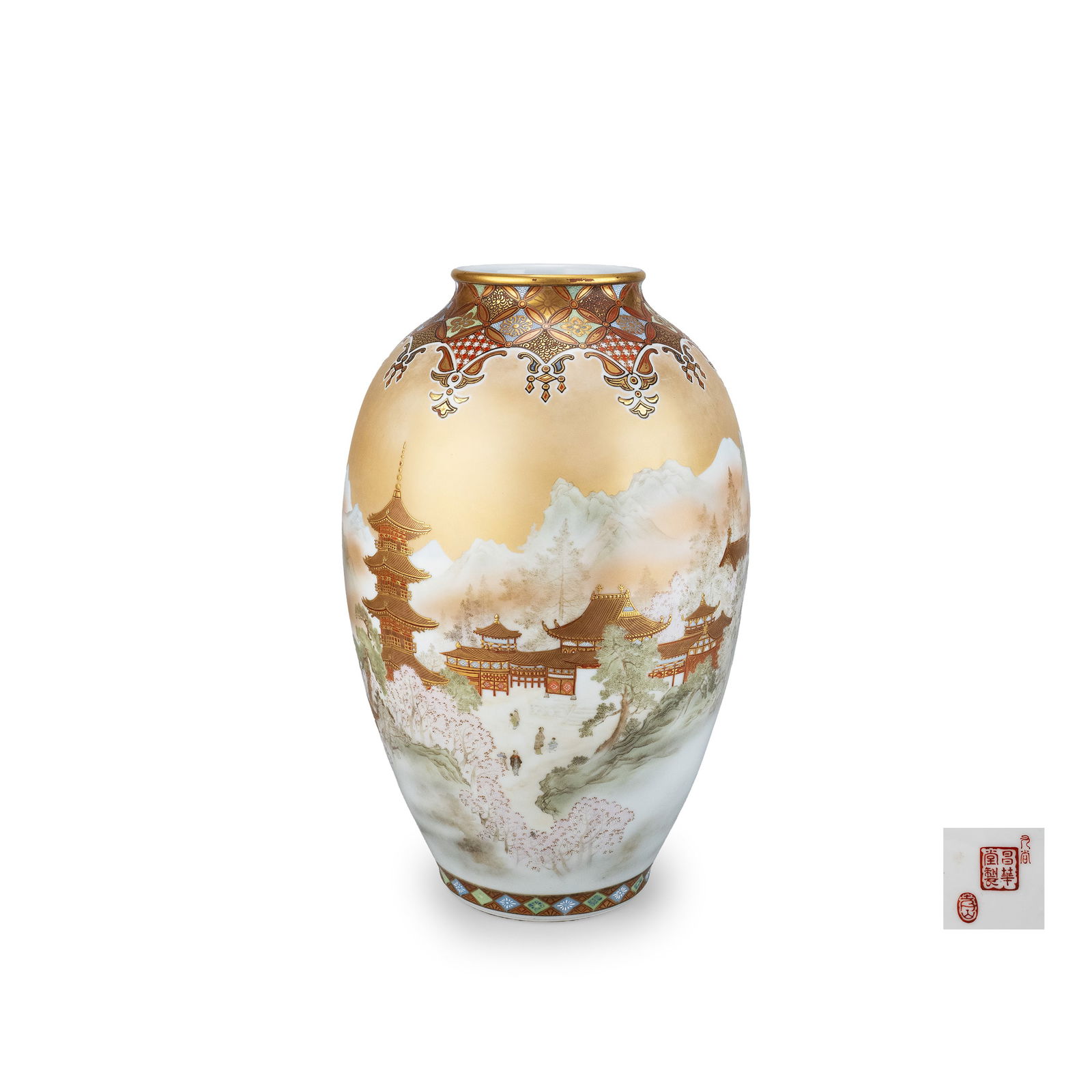 Large Kutani Porcelain Vase by Shokado: The ovoid body is richly embellished with extensive gilt ground to the upper section, above a finely painted mountainous vista emerging through mist. The composition features temple architecture, pago