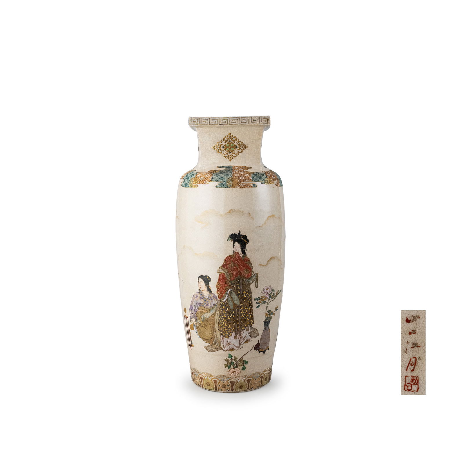 Satsuma Vase by Yamaguchi K?getsu: Satsuma ware vase signed “Yamaguchi Kogetsu." The vessel is finished in an soft white crackle glaze and exquisitely painted with figure scenes in a finely controlled hand. Rich, dense gilding is lay