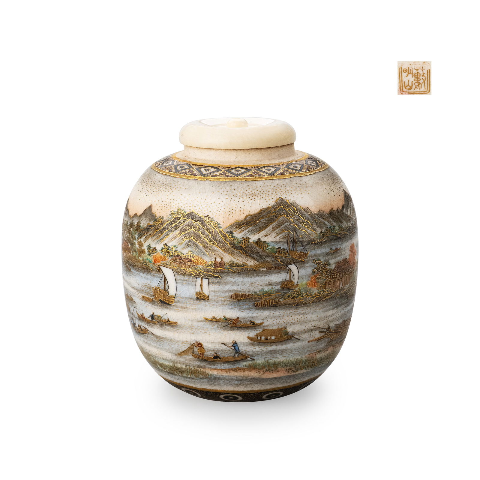 Satsuma Tea Caddy with Landscape by Yabu Meizan: The vessel is dignified and well-balanced in form, with harmonious proportions that convey the calm and restrained presence characteristic of tea wares. It is accompanied by its original lid, which co