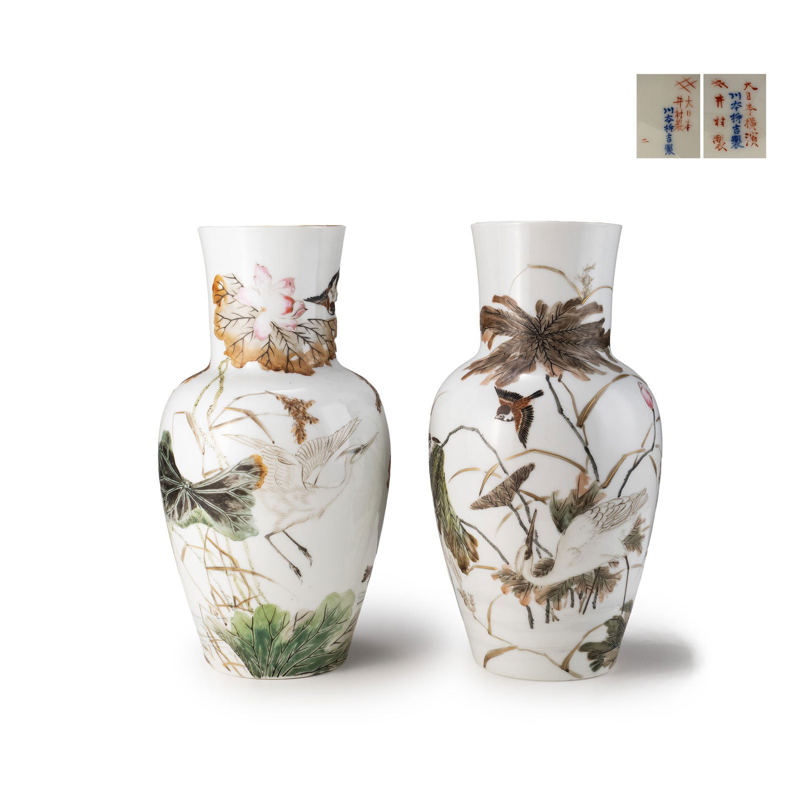 Pair of heron and lotus vases, Imura & Kawamoto: This pair of vases is a collaborative work by Imura Hikojir? and Kawamoto Masukichi. Both vessels share a well-balanced form with broad shoulders and a full-bodied profile, giving them a dignified and