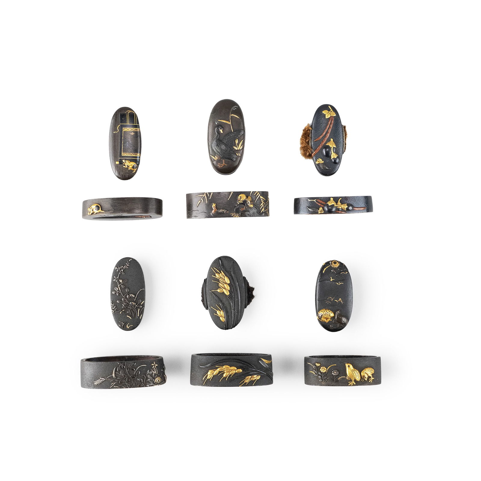 Set of 6 Sword Mounts with Gold Inlay: Dimensions vary