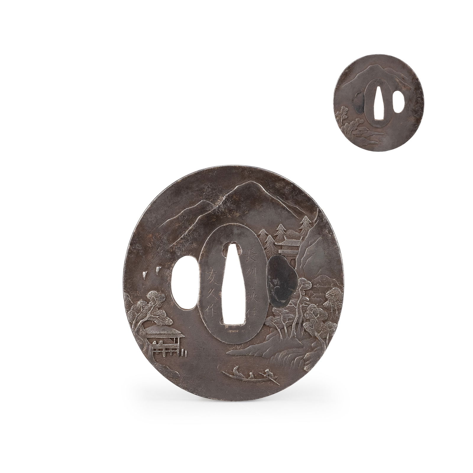 Iron Tsuba by Hagi Sumitomo Hisahisa: Length: 7.3cm Wide: 7.9cm