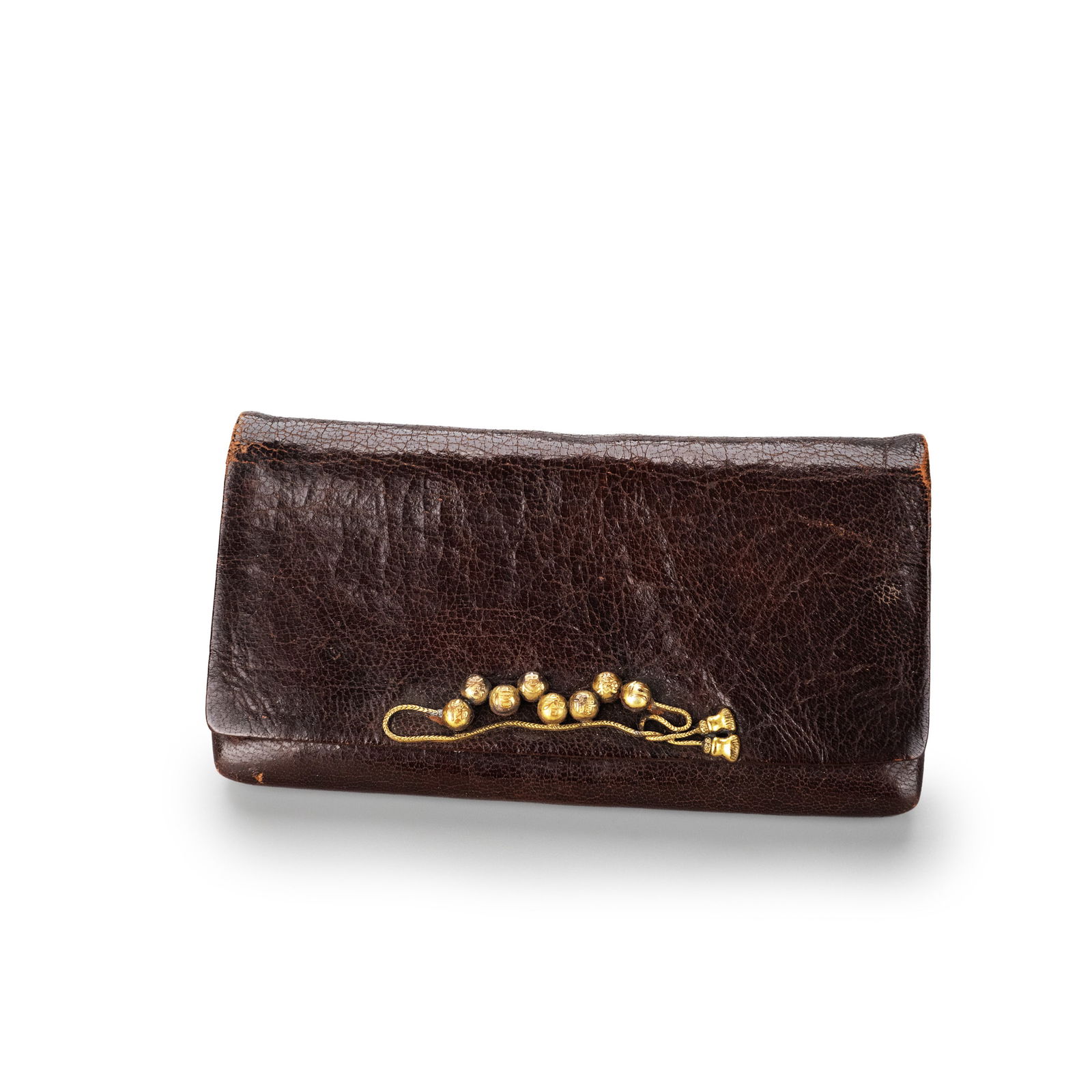 Tobacco Container with Hattoku Fittings: This piece follows a traditional tabako-ire form, designed for ease of carrying and storage. The exterior is covered in dark brown leather, thick yet supple, with natural creases and a softened sheen