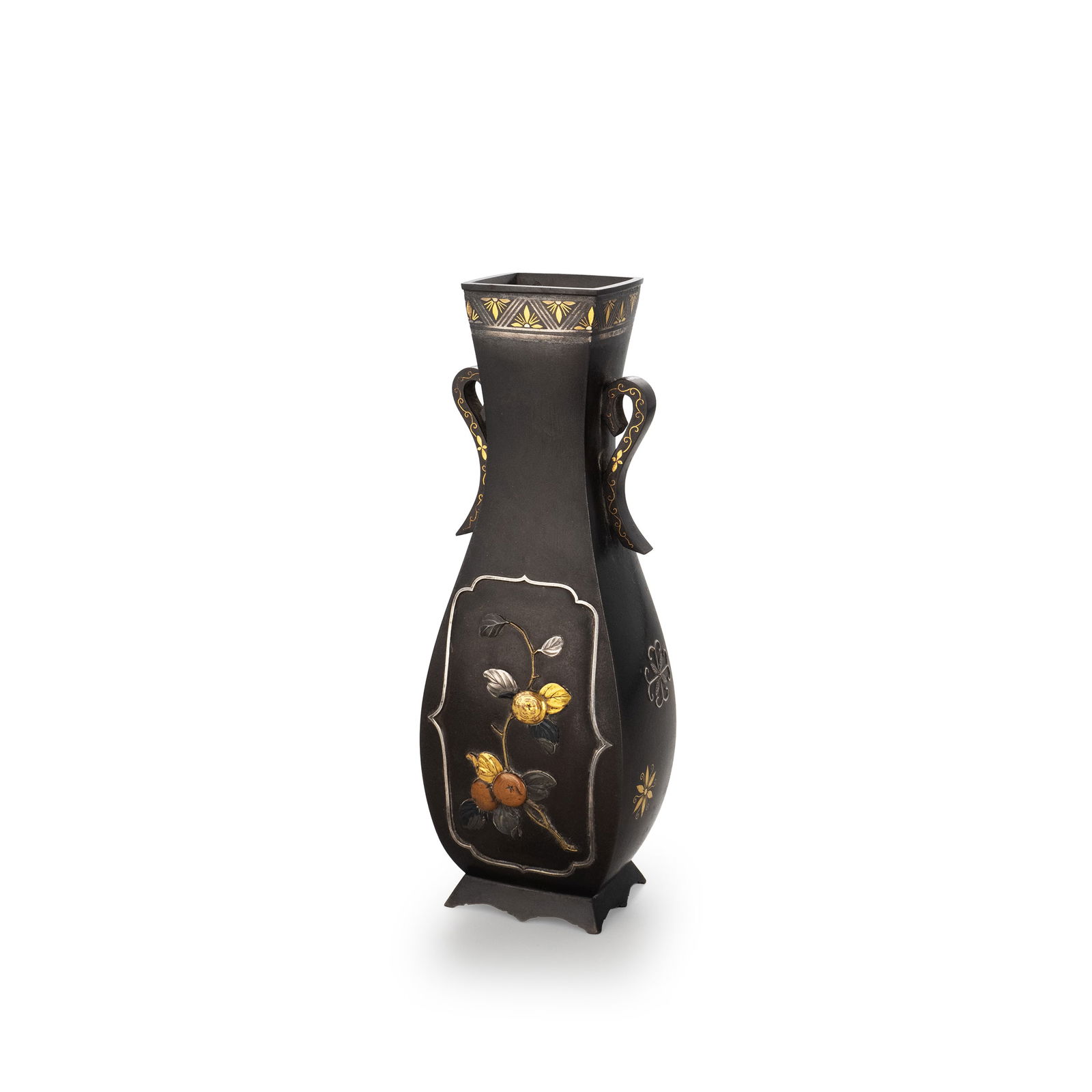 Iron Ground with Gold and Silver Inlaid Dragonflies: This vase combines a dignified, upright form with restrained and contemplative metalwork decoration, exemplifying an elegant style in modern metal craftsmanship that harmoniously balances ornamental r