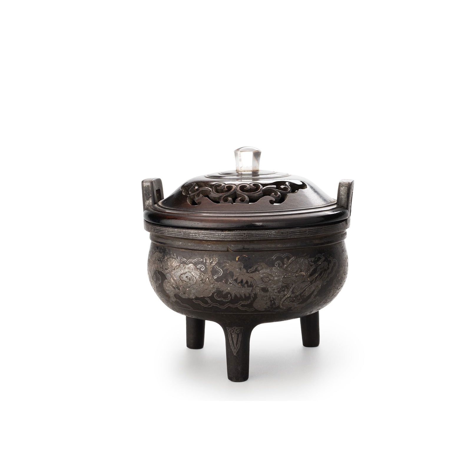 Iron Censer with Silver Inlay: This incense burner is modeled after the form of ancient bronze tripod vessels, featuring a full and rounded body that conveys the dignified presence characteristic of ceremonial-style display censers