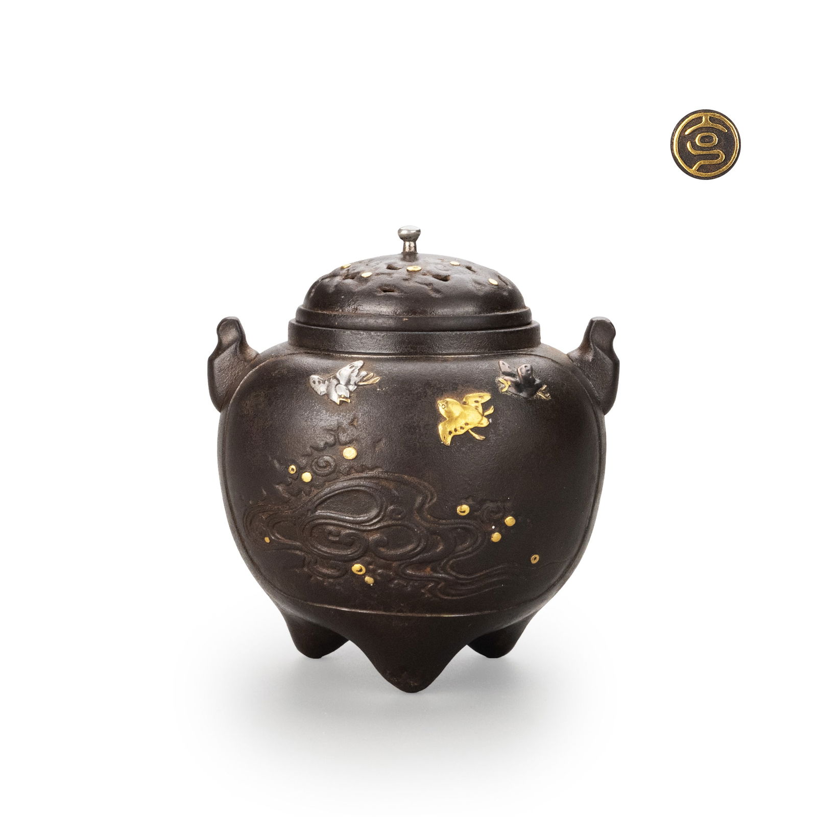 Signed Incense Burner with Iron Base and Gold & Silver Inlay (1 of 10)