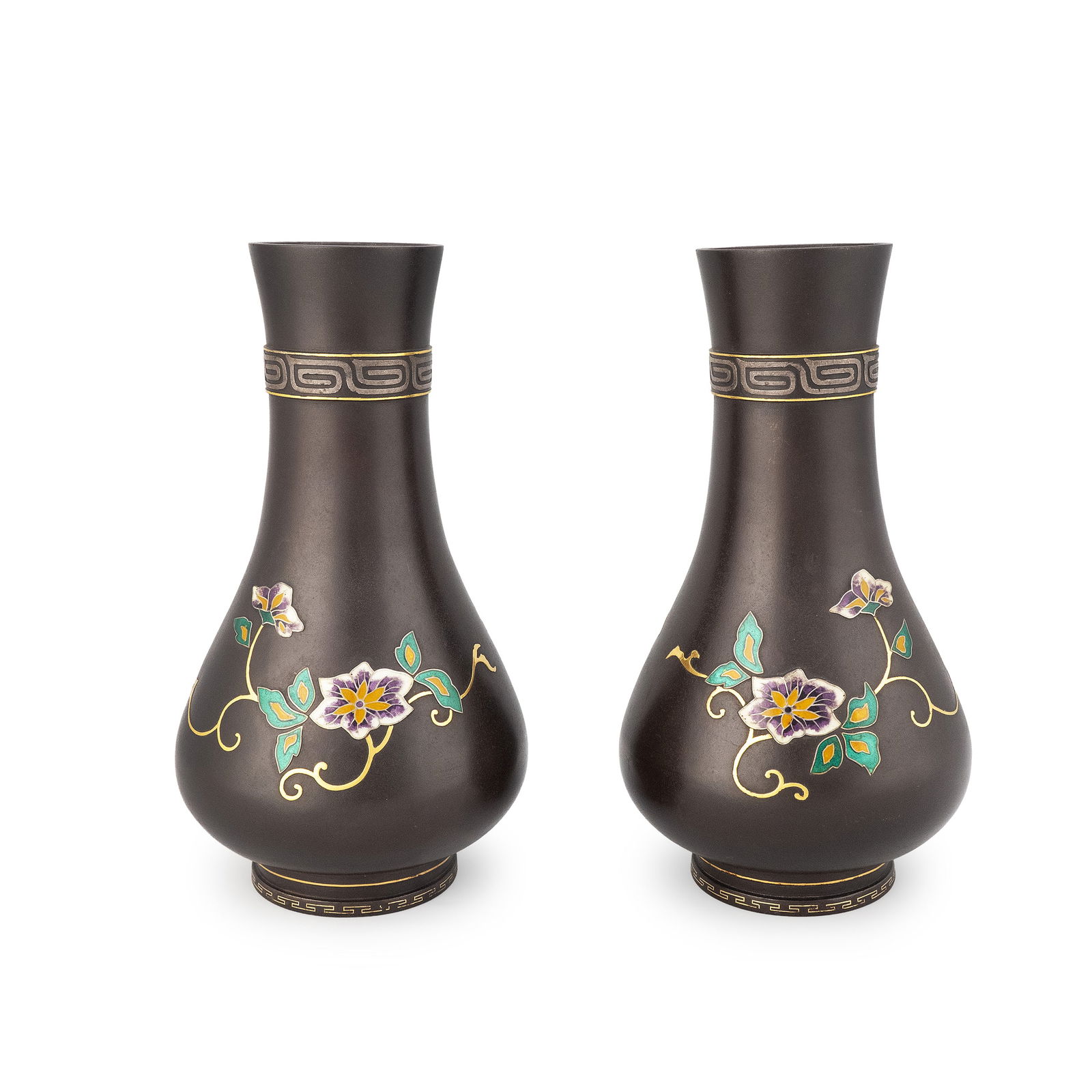 Pair of Iron Vases with Cloisonné Inlay: Height: 23.5cm Diameter: 13.3cm