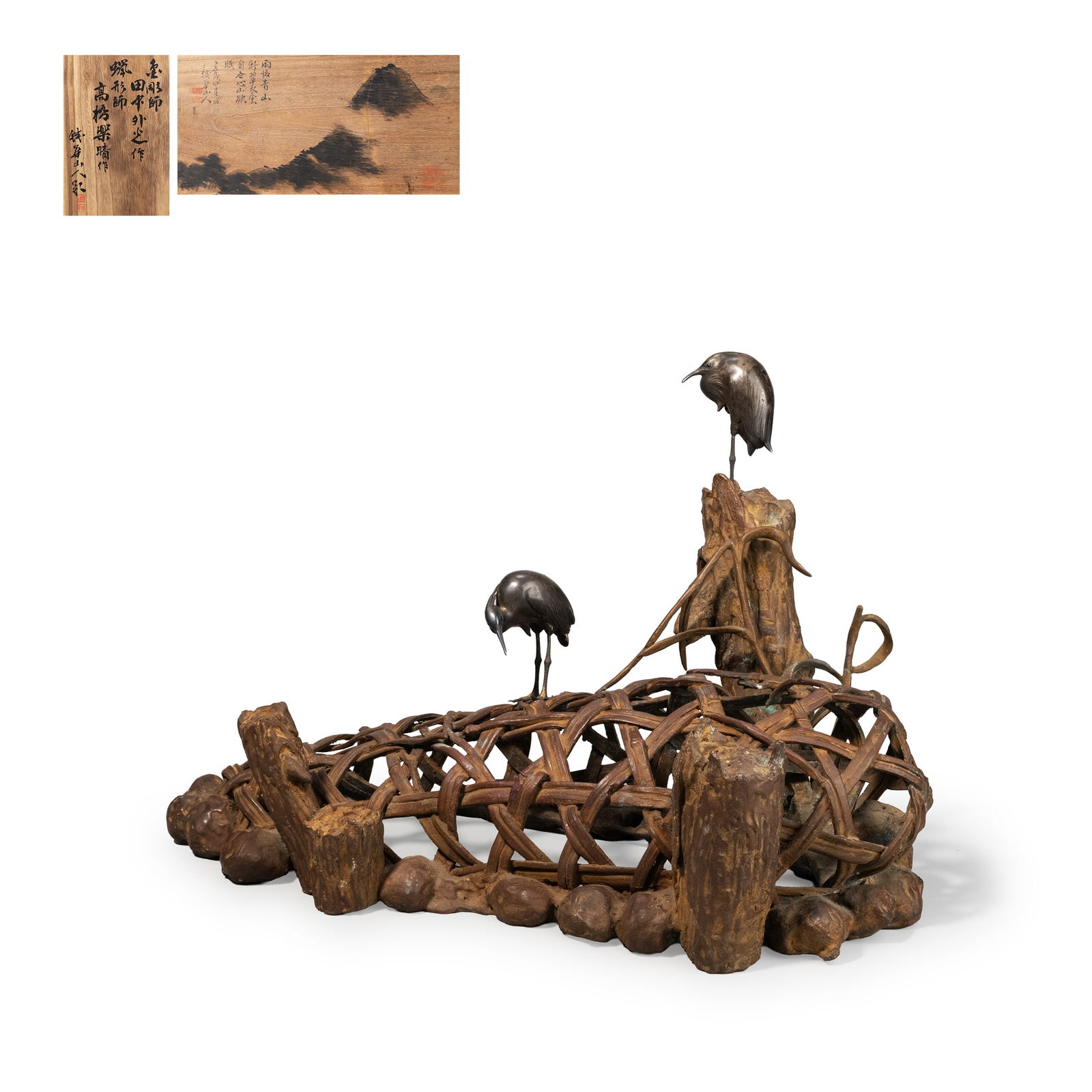 Ornament by Tanaka / Takahashi, Tekka Sanjin box: A collaborative work attributed to Tanaka Gaiko and Takahashi Rakusei, this sculptural mizuban-style composition is executed in patinated copper with silver egrets. Intertwined vines and textured rock