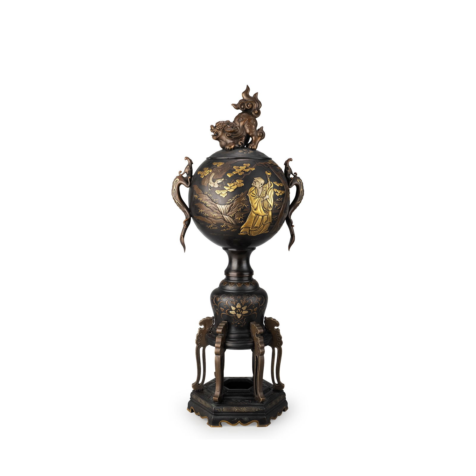 Bronze Incense Burner with Gold and Silver Inlay: A finely cast bronze incense burner of globular form, surmounted by a sculptural shishi finial. The cover is crowned with a vigorously modeled guardian lion standing alert, its curled mane and