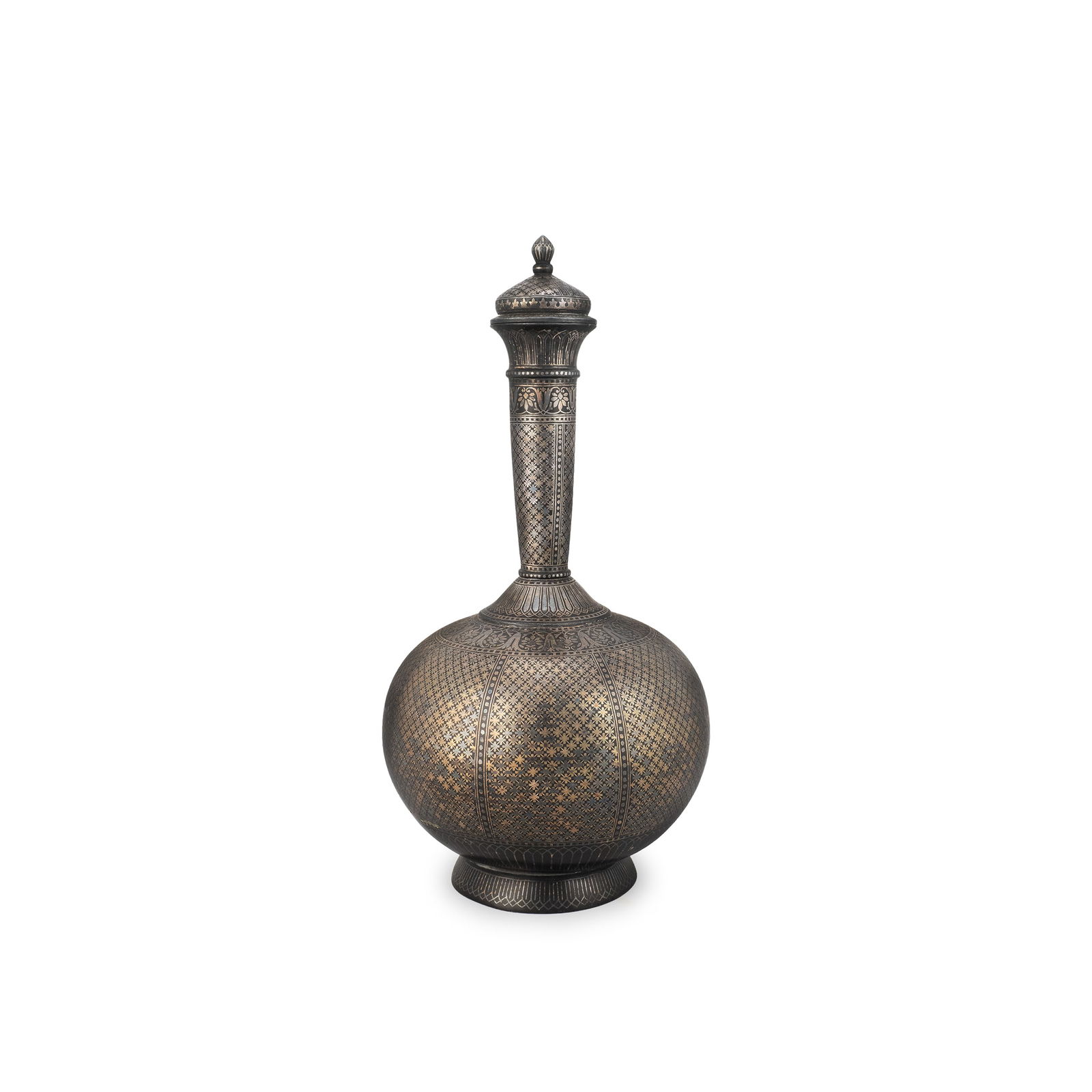 Silver Inlaid Sake Vessel: This wine vessel displays a tall and slender profile, with an elongated neck gracefully rising from a rounded body. The proportions are well balanced and elegant. The domed cover is surmounted by a