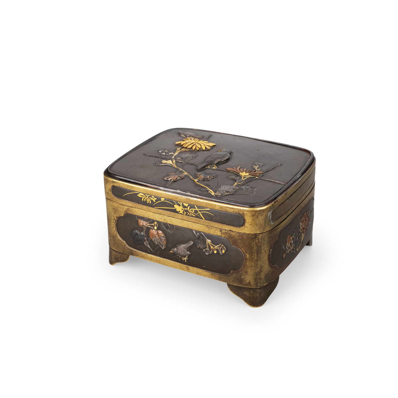 Gold and Silver Inlaid Floral and Bird Bronze Box: This work exemplifies a refined balance of practicality and aesthetic appeal characteristic of modern metalwork, achieved through its composed, well-proportioned form and richly detailed inlay