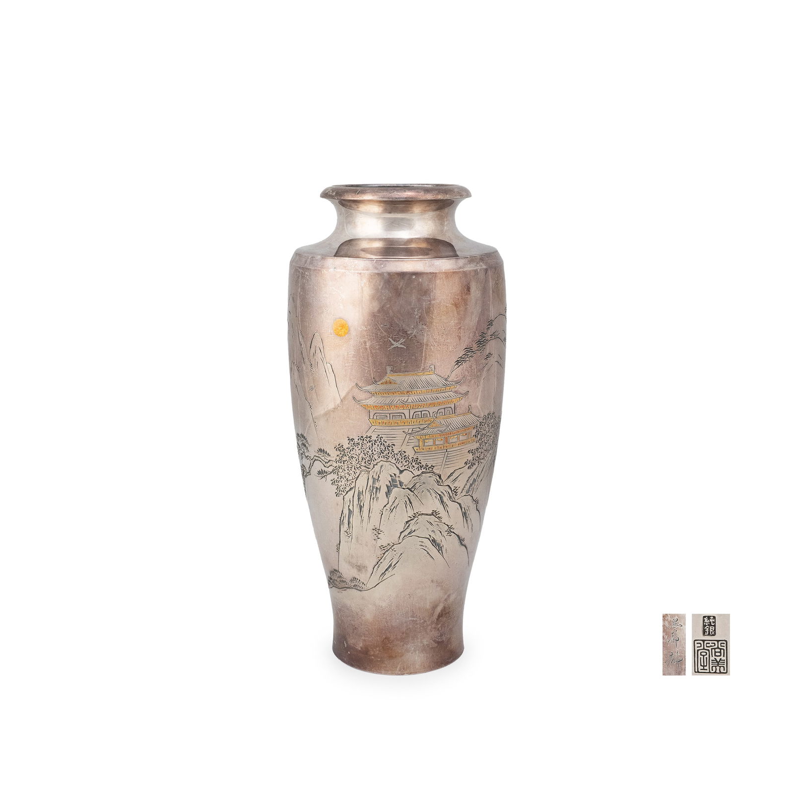 Pure Silver Vase with Gold Inlay, Engraved by Shobido Shosei (1 of 10)