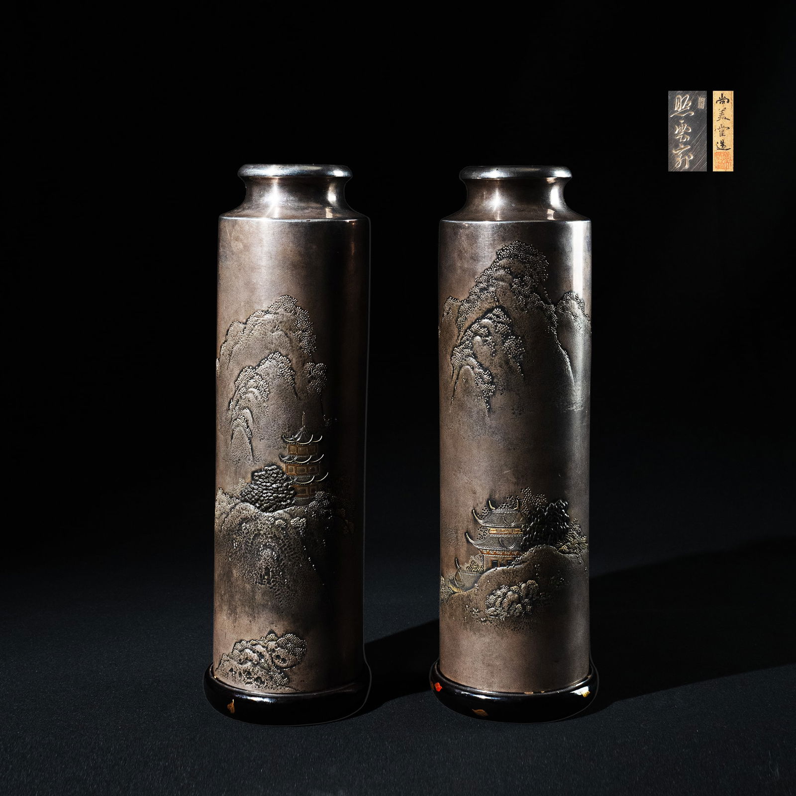 Pair of Silver Vases with Gold Inlaid Landscape and Pavilions: This pair of silver vases was conceived for display, featuring tall, slender forms with balanced and dignified proportions. The overall presence is composed and elegant. Crafted entirely of pure silve
