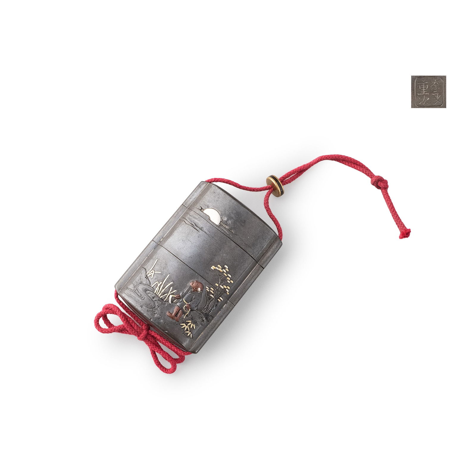 Inro with Gold and Silver Inlay, Signed by Shigetsugu Nara: This inro displays a subdued and refined tone, with a warm and lustrous surface. The dark grey ground forms an elegant contrast with the gold and silver inlays, achieving a restrained yet sophisticate