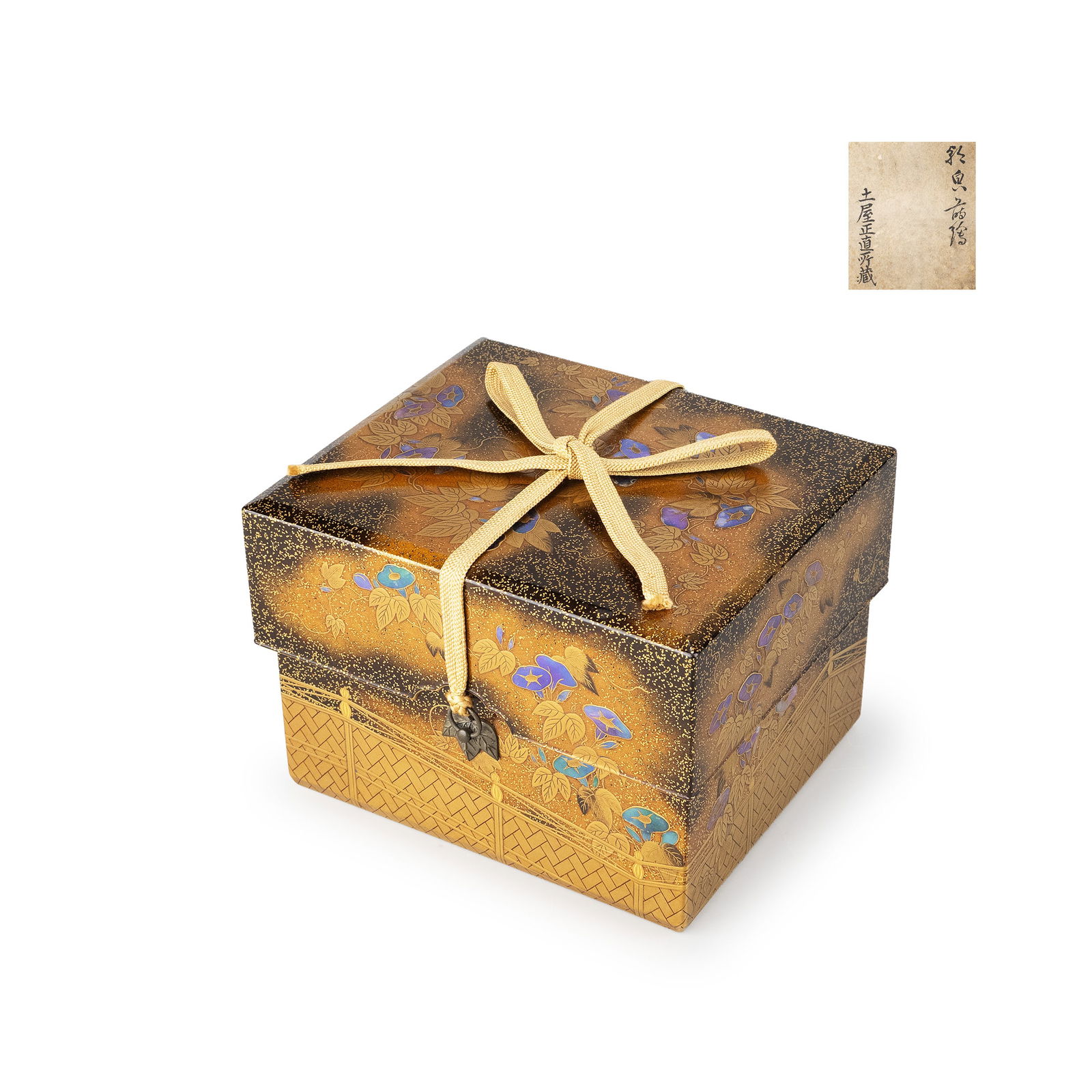 Nashiji Gold Makie Box: A refined lacquer box decorated in gold maki-e over a nashiji ground, featuring stylized floral motifs including morning glories across the lid and sides. The composition combines scattered gold powde