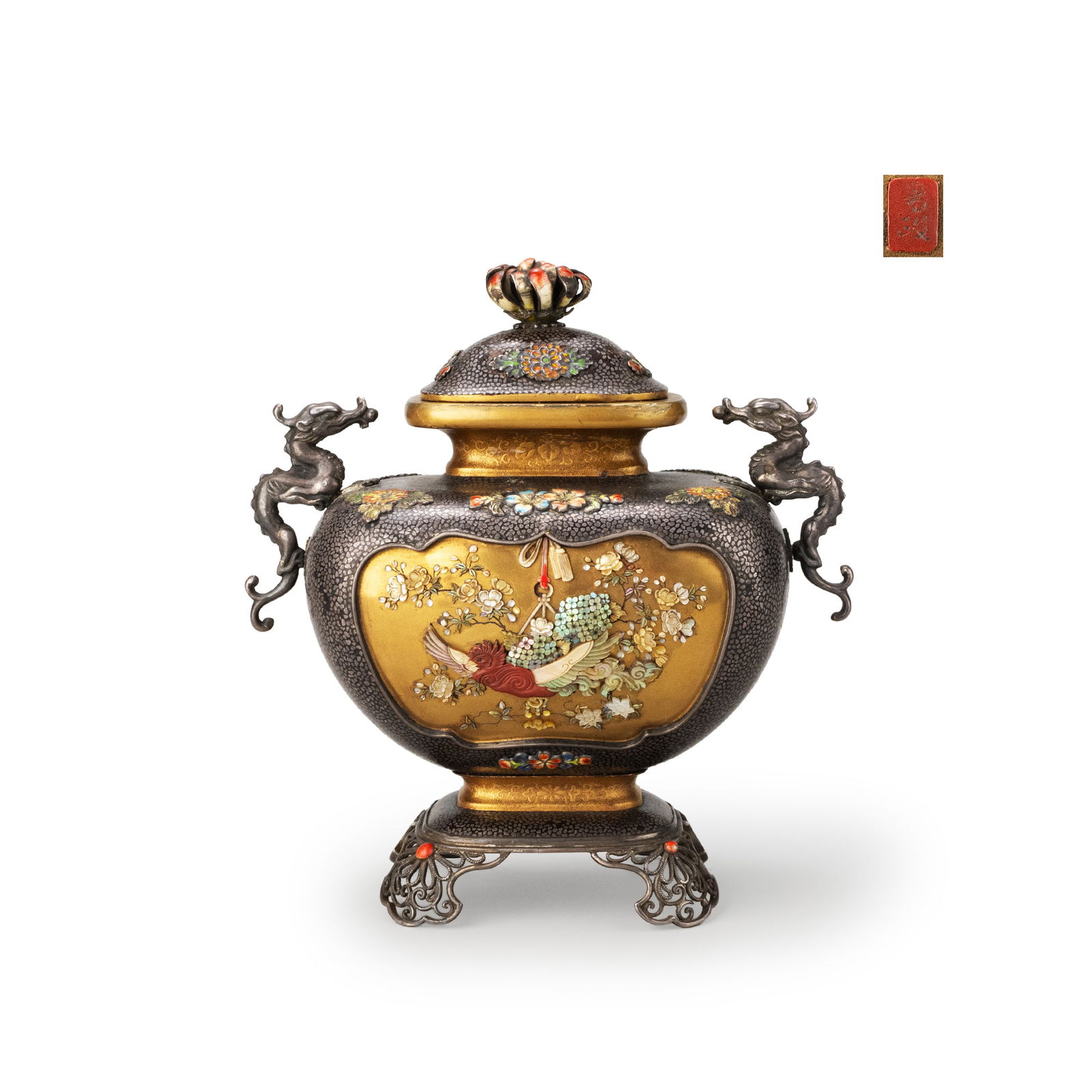 Shibayama inlay incense burner with dragon handles (1 of 12)