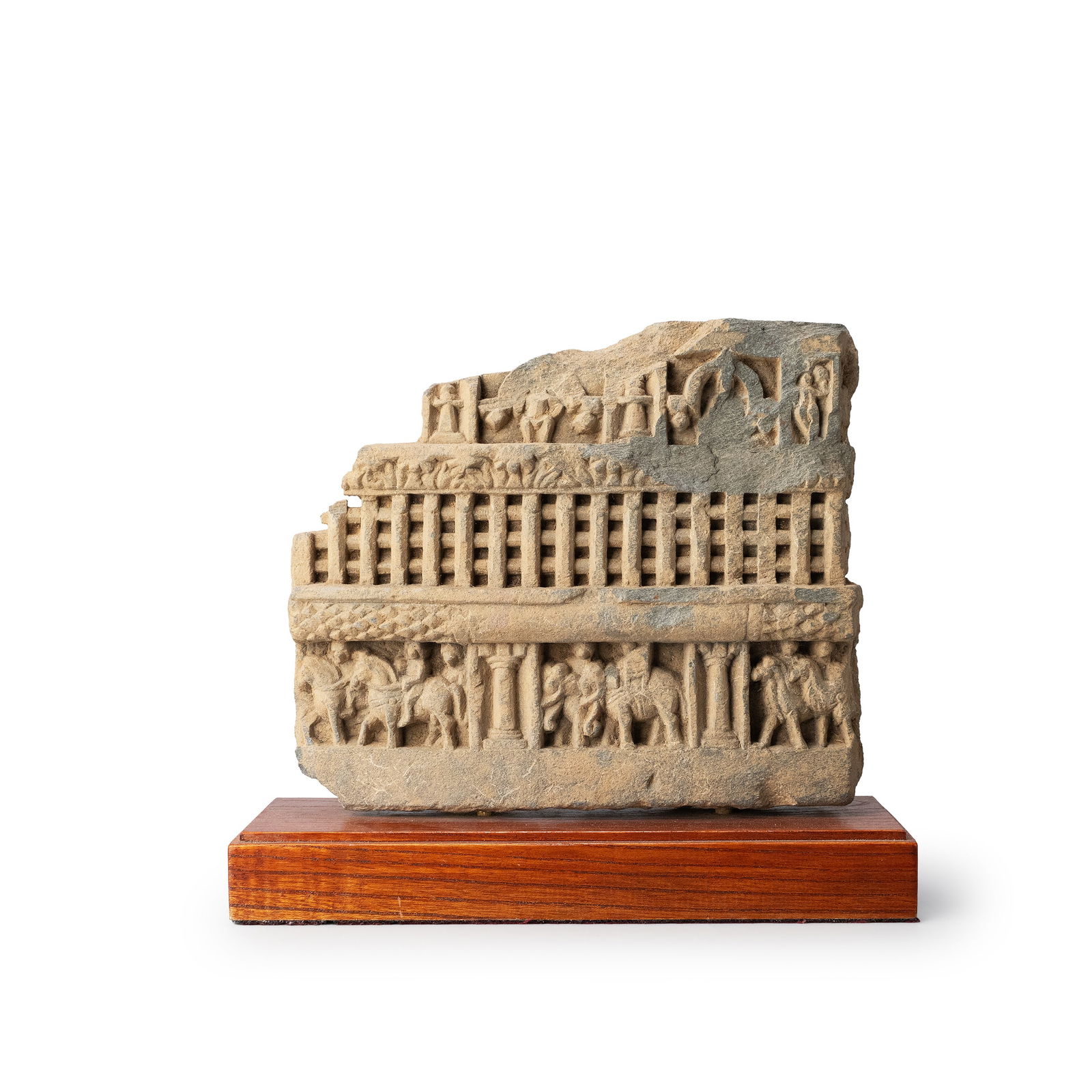 Gandhara Sculpture with Certificate by Kurita Isao: A carved stone relief fragment from the Gandharan region, representing a narrative scene traditionally identified as “The Prince’s Return to the City." The composition is arranged in horizontal re