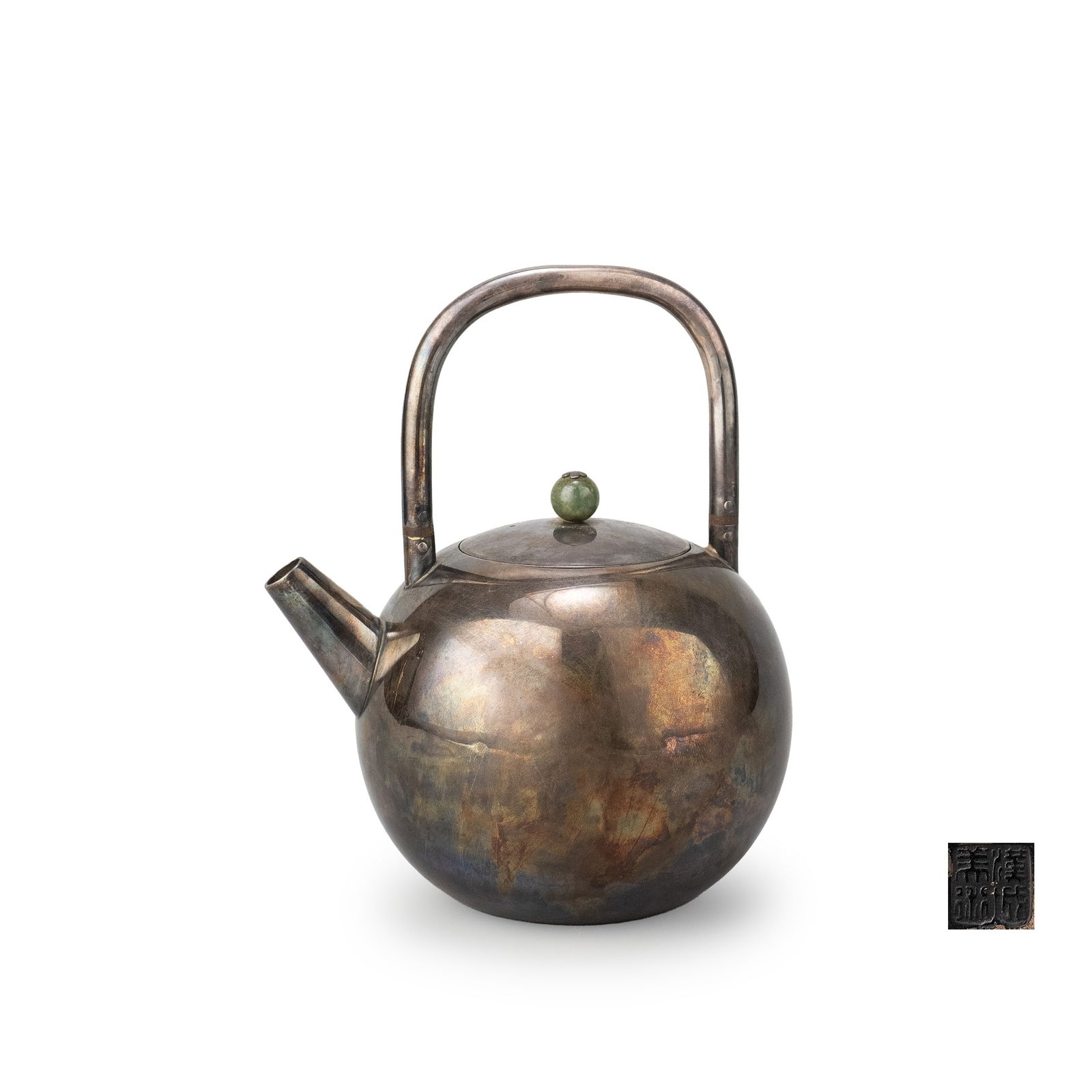 Silver Kettle By Royal Household: A silver kettle produced by the Hanseong Art Studio of the Yi Royal Household. The vessel is of refined rounded form, its smooth silver surface displaying a naturally developed iridescent patina. The