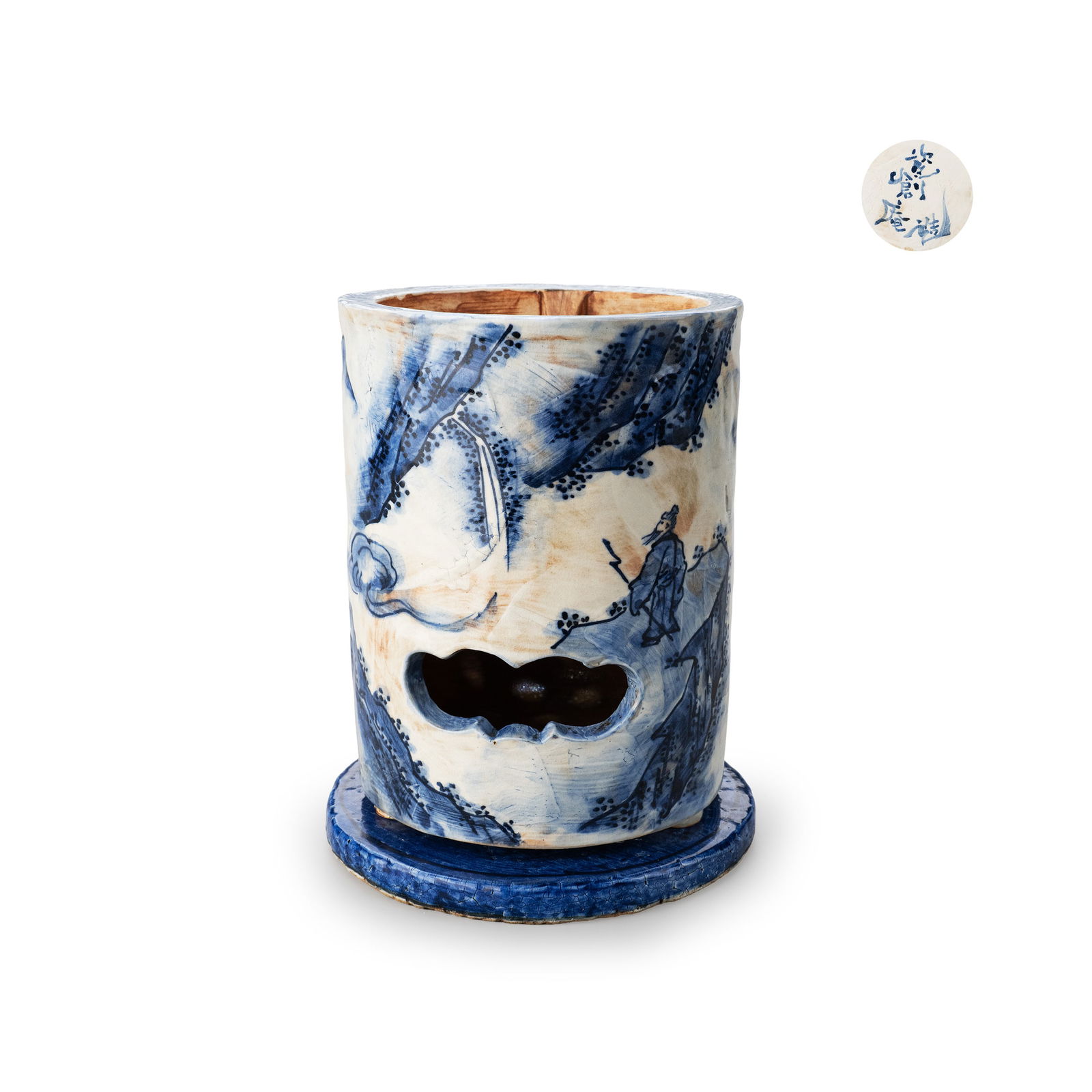 Tripod Brazier with Stand by Jiso-an Tezuka Zenri: This work represents a fine example of a ry?ro [summer brazier]. The vessel is formed in a straight cylindrical shape and is accompanied by its original brazier stand, lending the overall presentation