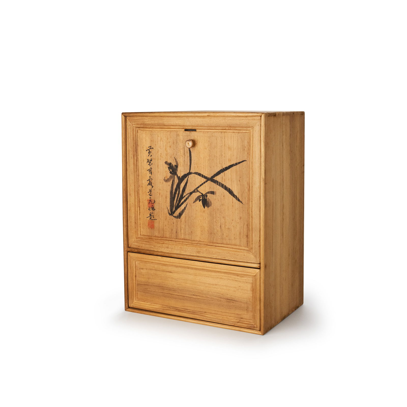 Orchid and Bamboo Desk Set by Obaku So: Cabinet with ink painting and inscription “Furo Seiko" [Pure Fragrance in Wind and Dew], depicting orchid and bamboo, by Dogen Ninmyo, 52nd Chief Abbot of Manpukuji Temple, Obaku sect. The present w