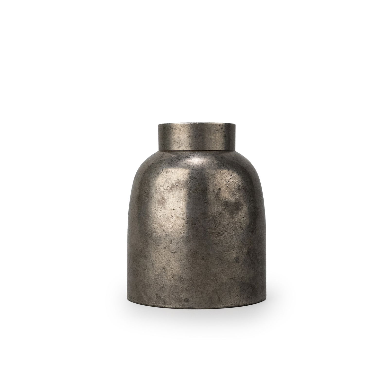 Antique Pewter Tea Caddy: Of compact, rounded cylindrical form, rising from a flat base and narrowing gently toward a short, straight neck. The restrained silhouette reflects the functional aesthetics associated with sencha