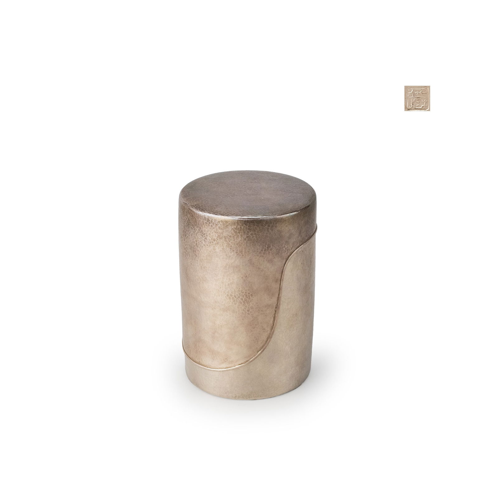 Tea Caddy By Chikueido Eishin ,Tomobako: Of upright cylindrical form with slightly recessed shoulders and a well fitted flush lid. The entire surface is worked in a fine hammered texture, producing a soft, even light across the silver ground