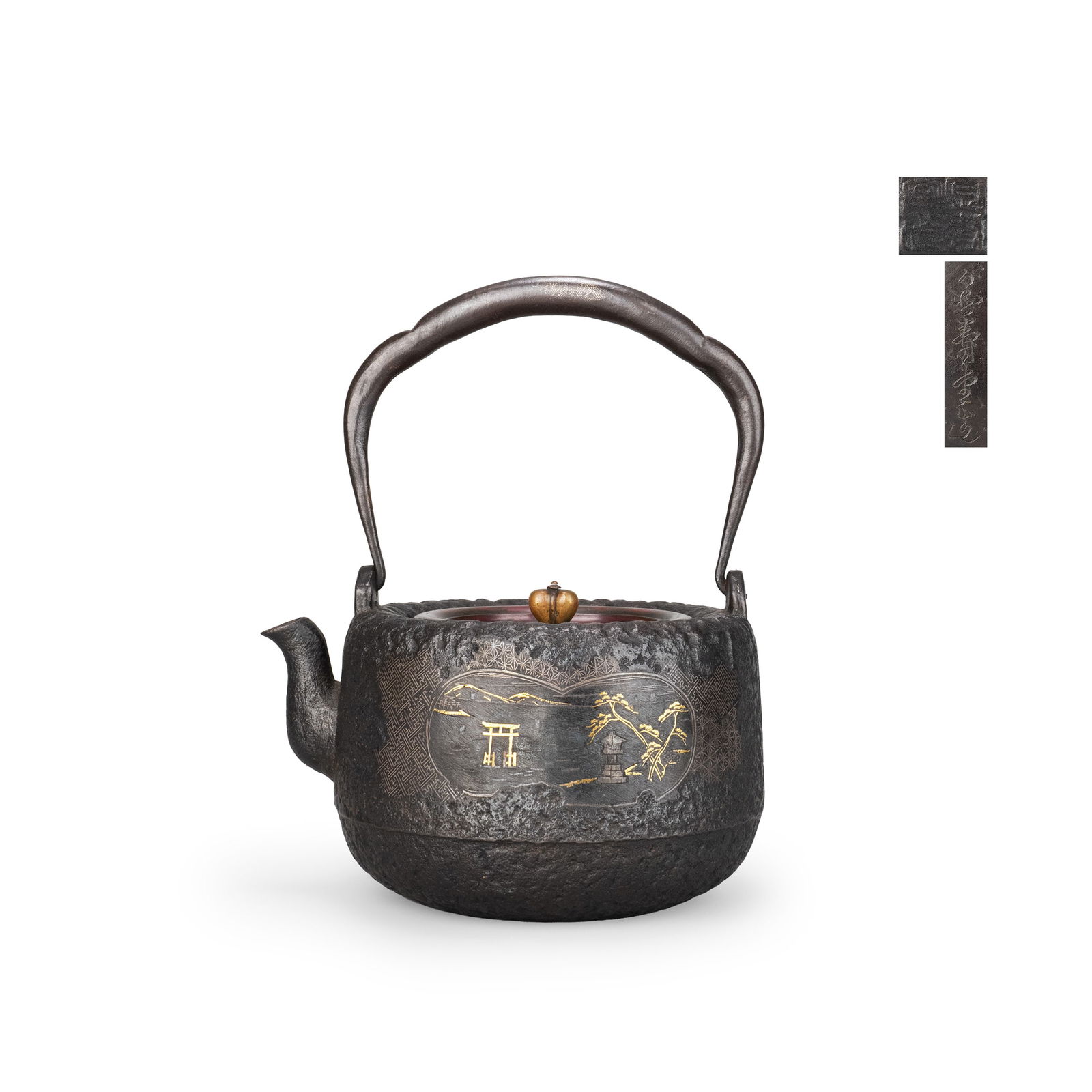 Iron Tetsubin with Gold & Silver Inlay by Kinjud: An iron teapot by the celebrated Meiji period metalwork atelier Kinjudo, renowned for refined inlay craftsmanship. The robust iron body is finely engraved and richly decorated with gold and silver inl