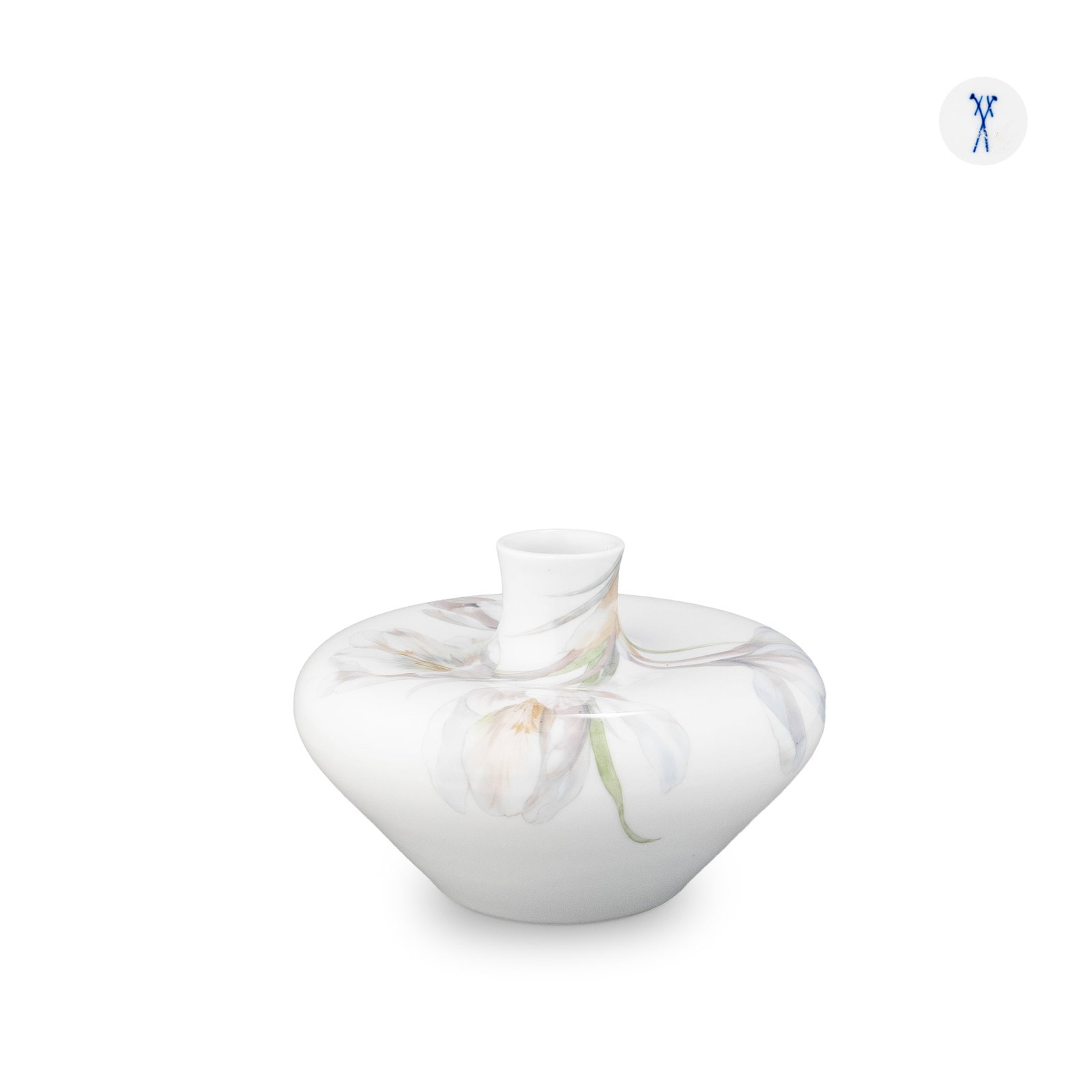 Meissen Vase: This porcelain vase by Meissen features an elegant depiction of lilies rendered on a soft white ground. The form, with its gently rounded body and short upright neck, balances modern simplicity with c