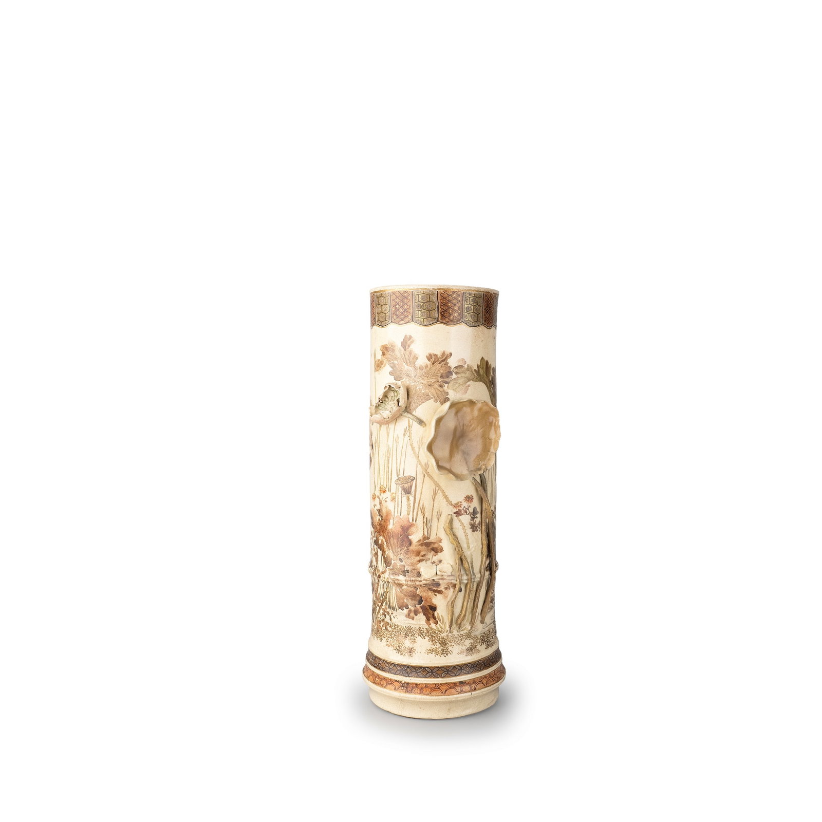 High-Relief Carved Vase: An elegant cylindrical vase in the Kyoto Satsuma style, decorated with lotus leaves, aquatic plants, and a small sparrow in a poetic waterside composition.The most striking feature is the bold high-re