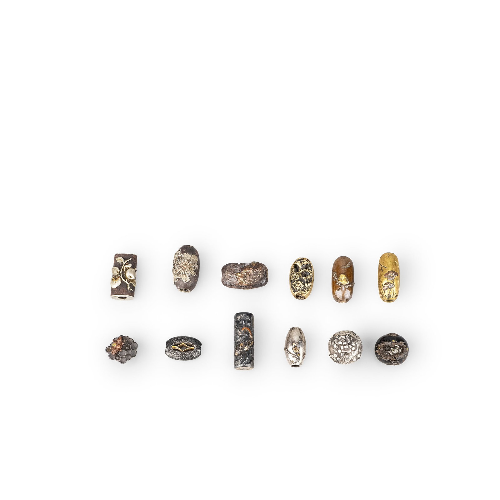 A Set of Twelve Metal Ojime Beads, Signed (1 of 9)