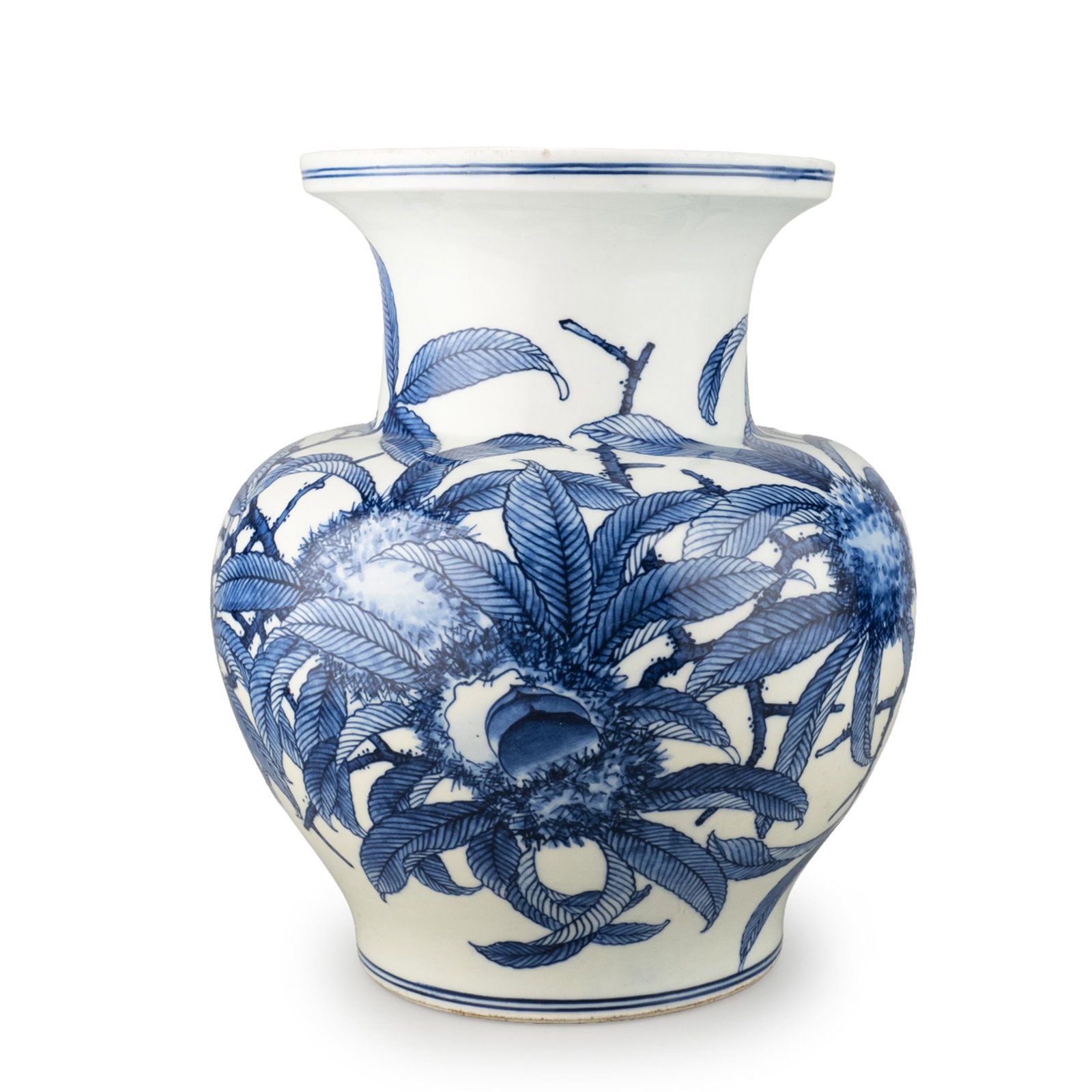 Blue and White Vase by Kawamoto Rekitei: A finely painted blue and white porcelain vase by Kawamoto Rekkitei of the Shunto Kiln, decorated with flowering chestnut branches executed in delicate underglaze cobalt.The elegant baluster body with
