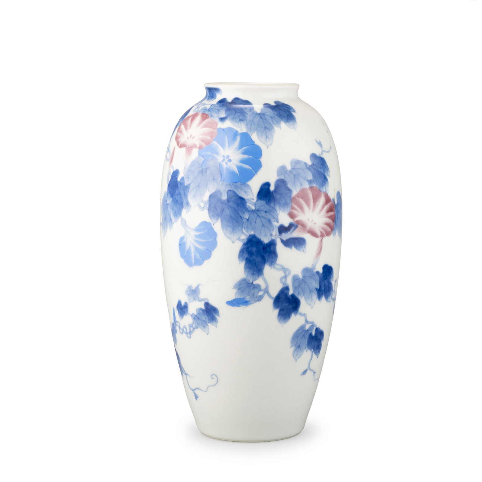 Underglaze Vase by Tominaga Genroku: Decorated with graceful morning glory vines rendered in underglaze blue with delicate overglaze pink accents. The flowing composition extends naturally across the baluster-shaped body, creating a refi